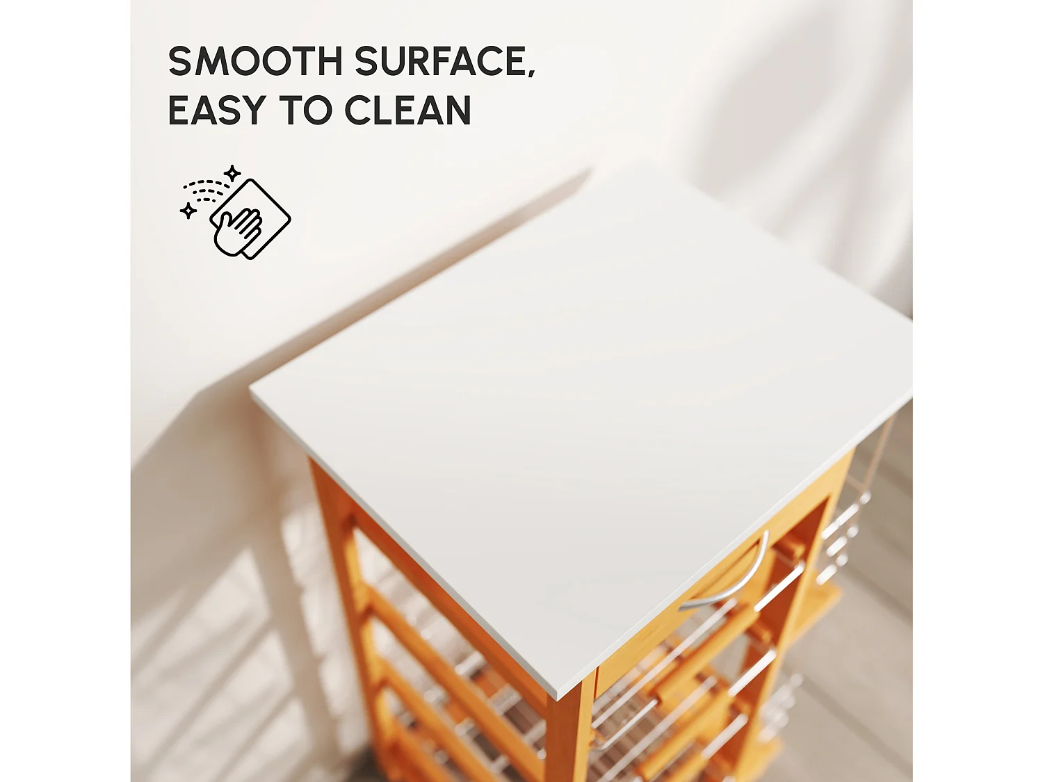Domo Natural Wood Rolling Kitchen Cart 4 Removable Metal Basket Drawers Side Racks Wheels