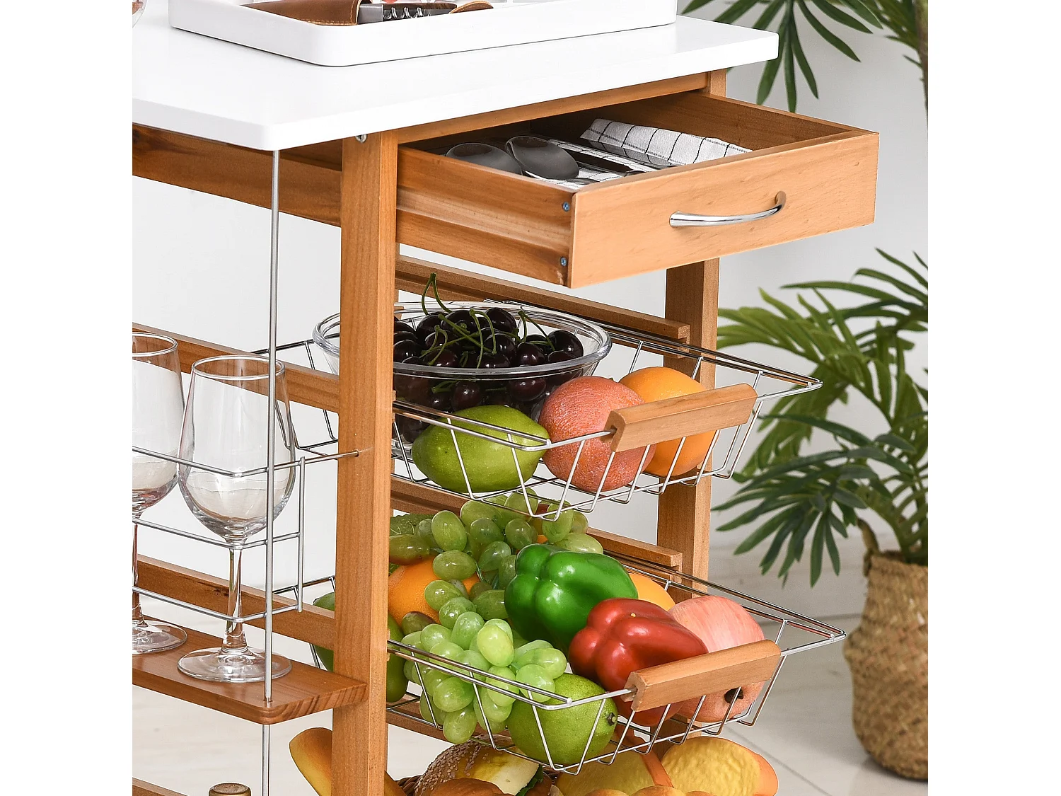 Domo Natural Wood Rolling Kitchen Cart 4 Removable Metal Basket Drawers Side Racks Wheels