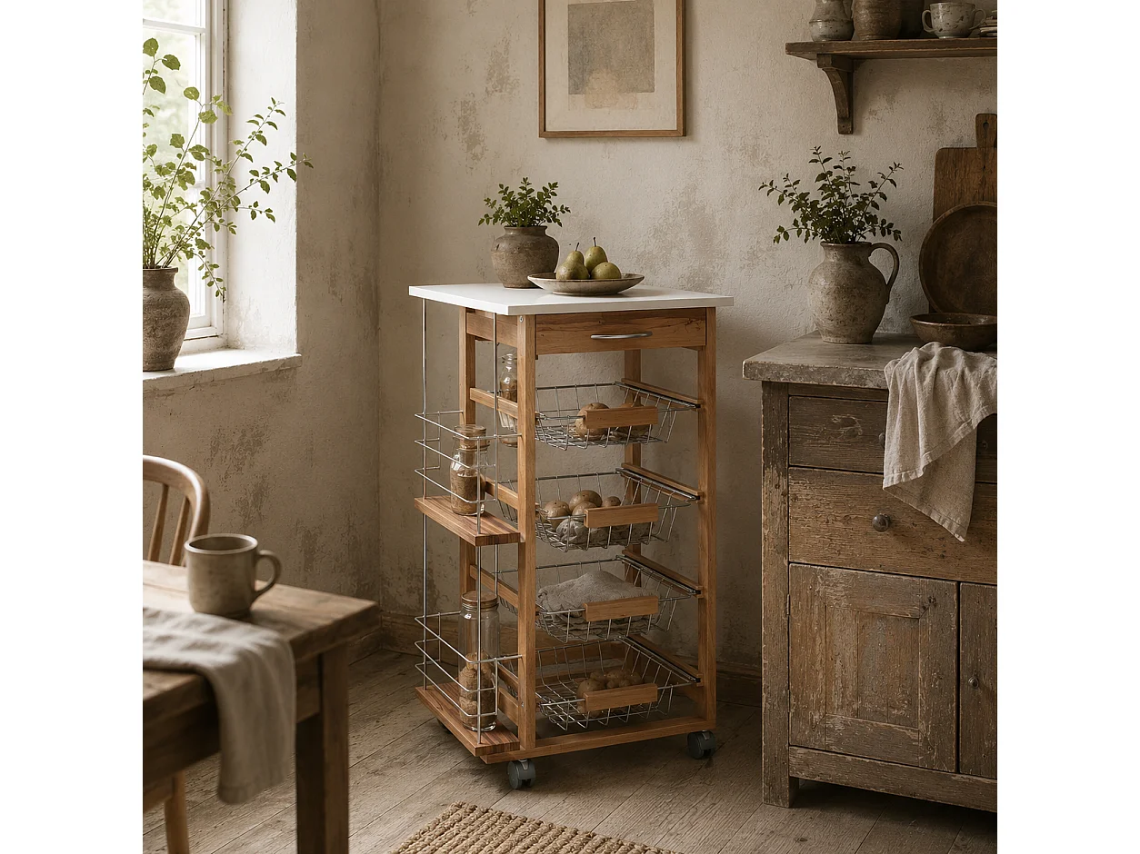 Domo Natural Wood Rolling Kitchen Cart 4 Removable Metal Basket Drawers Side Racks Wheels