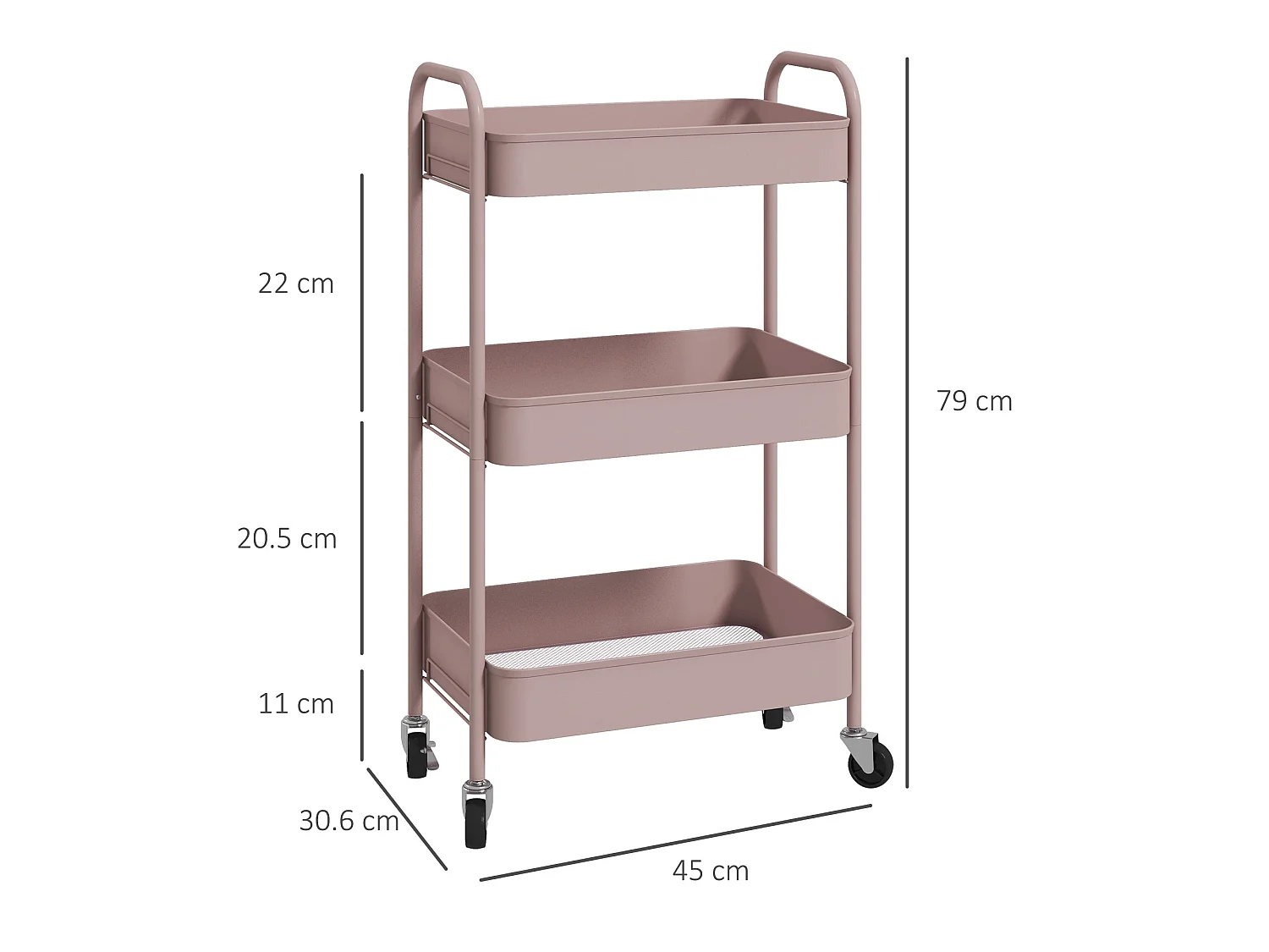 Razira Pink 3 Tier Steel Storage Trolley Mobile Organiser