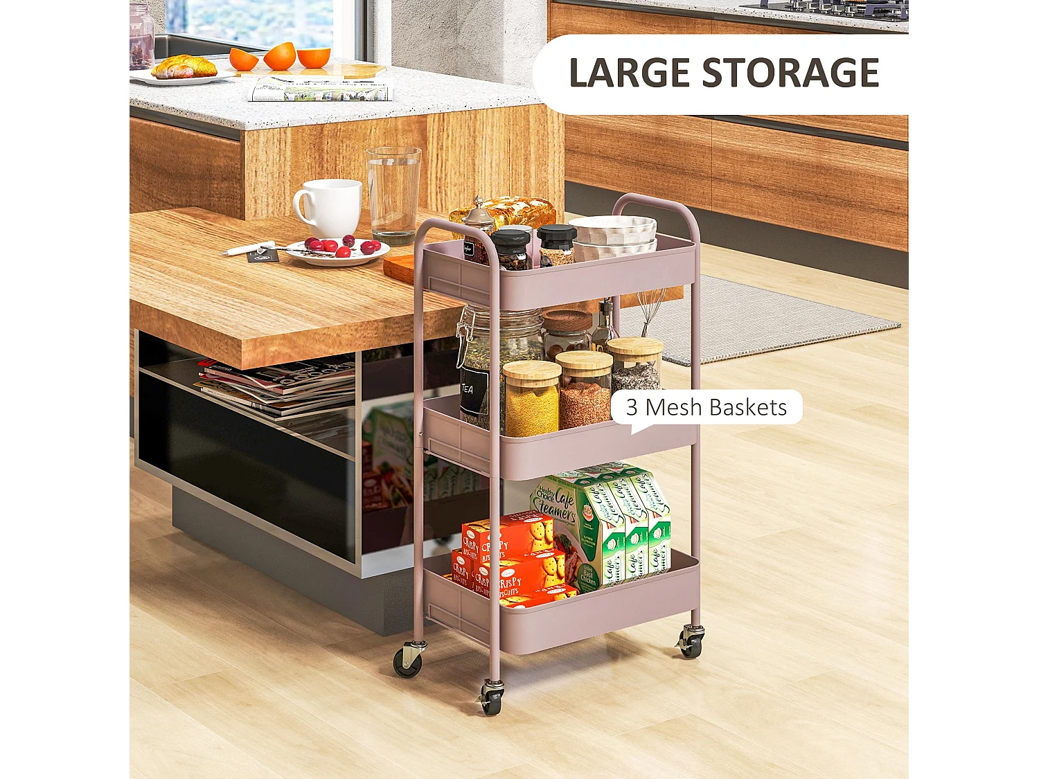 Razira Pink 3 Tier Steel Storage Trolley Mobile Organiser
