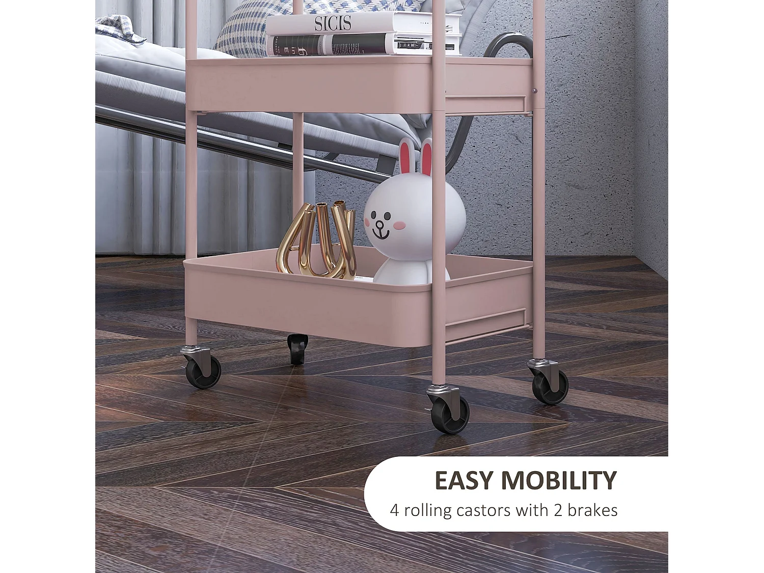 Razira Pink 3 Tier Steel Storage Trolley Mobile Organiser