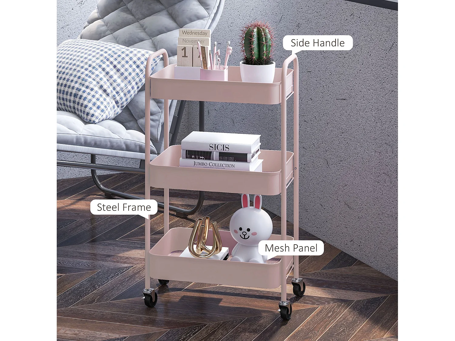 Razira Pink 3 Tier Steel Storage Trolley Mobile Organiser