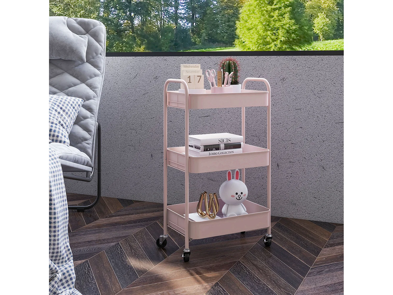 Razira Pink 3 Tier Steel Storage Trolley Mobile Organiser
