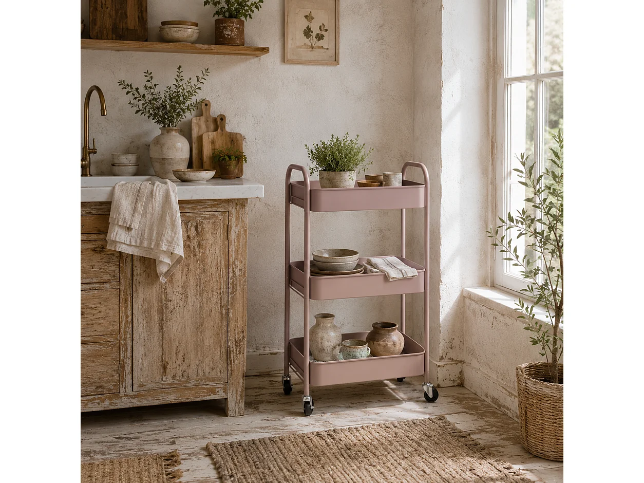 Razira Pink 3 Tier Steel Storage Trolley Mobile Organiser