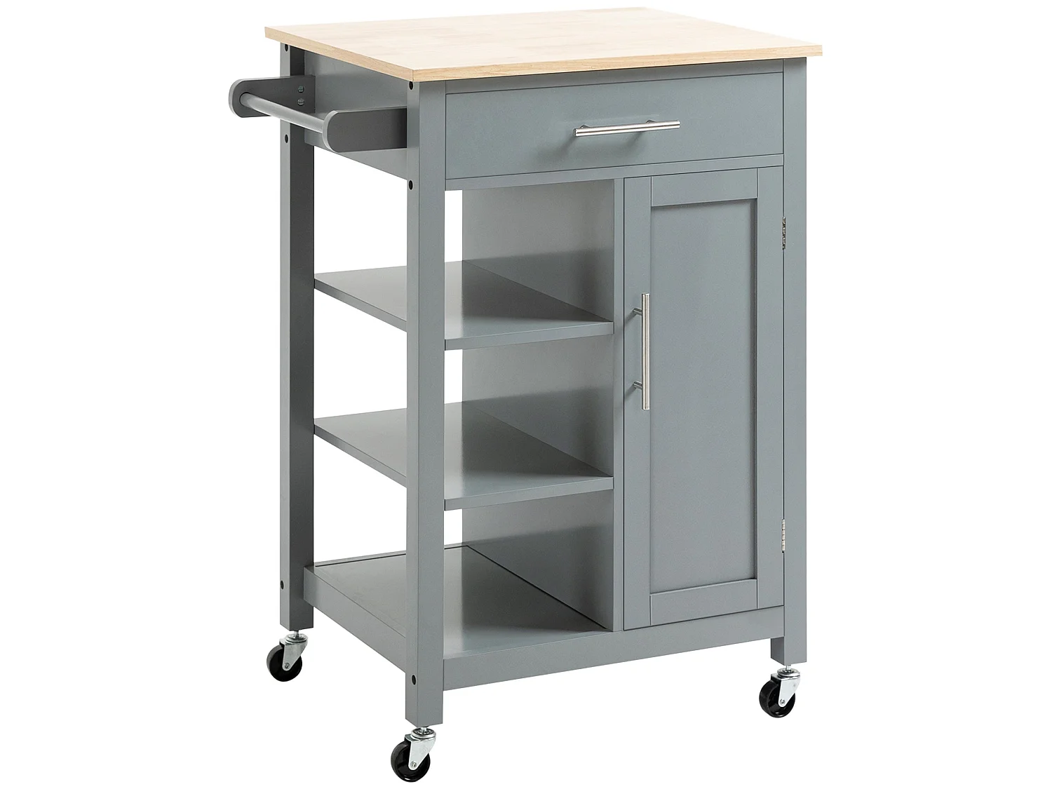 Grey Wooden Compact Kitchen Trolley MDF Drawer Cupboard Shelves Wheels