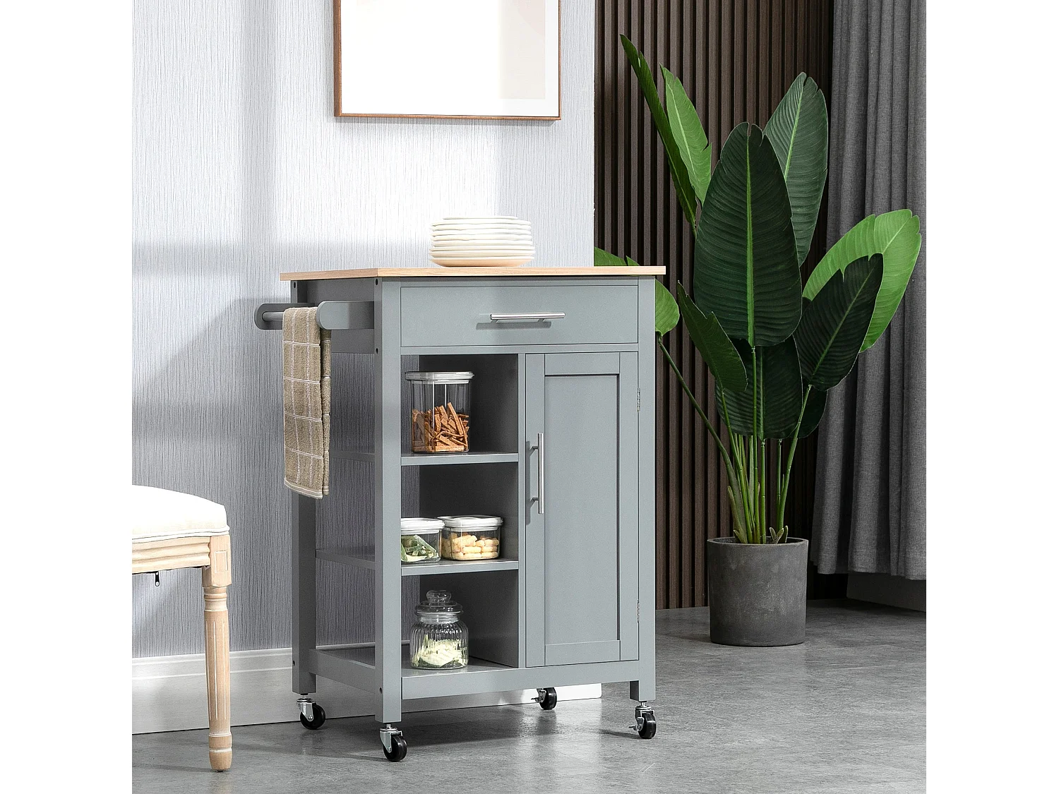 Grey Wooden Compact Kitchen Trolley MDF Drawer Cupboard Shelves Wheels