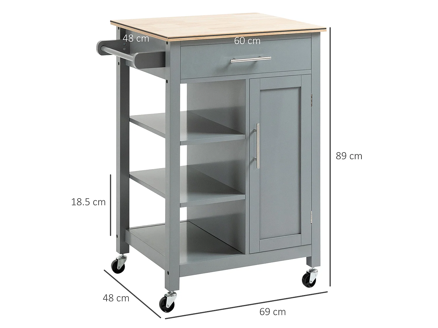 Grey Wooden Compact Kitchen Trolley MDF Drawer Cupboard Shelves Wheels