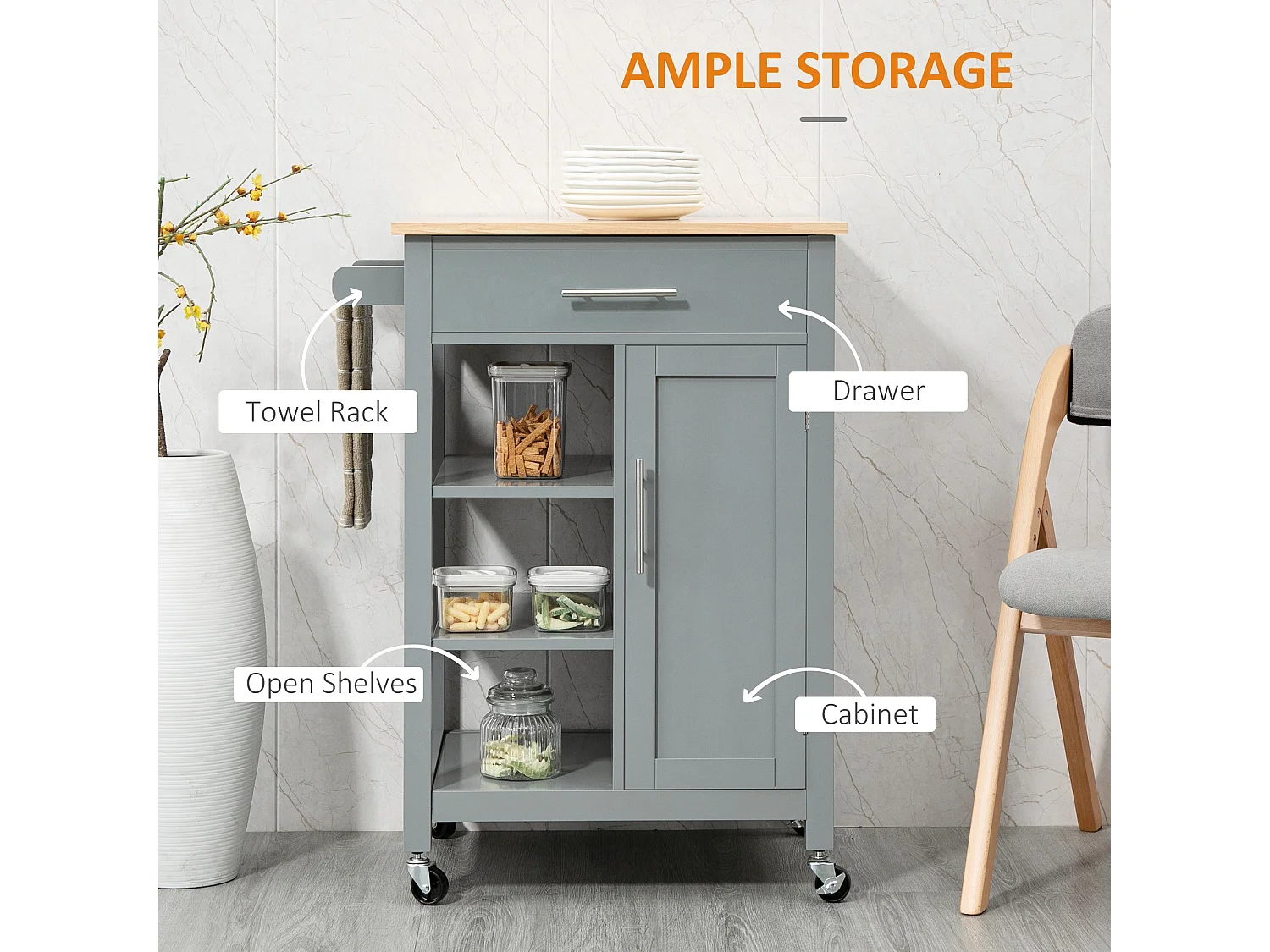 Grey Wooden Compact Kitchen Trolley MDF Drawer Cupboard Shelves Wheels