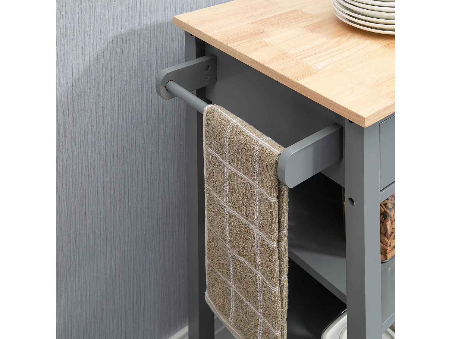 Grey Wooden Compact Kitchen Trolley MDF Drawer Cupboard Shelves Wheels