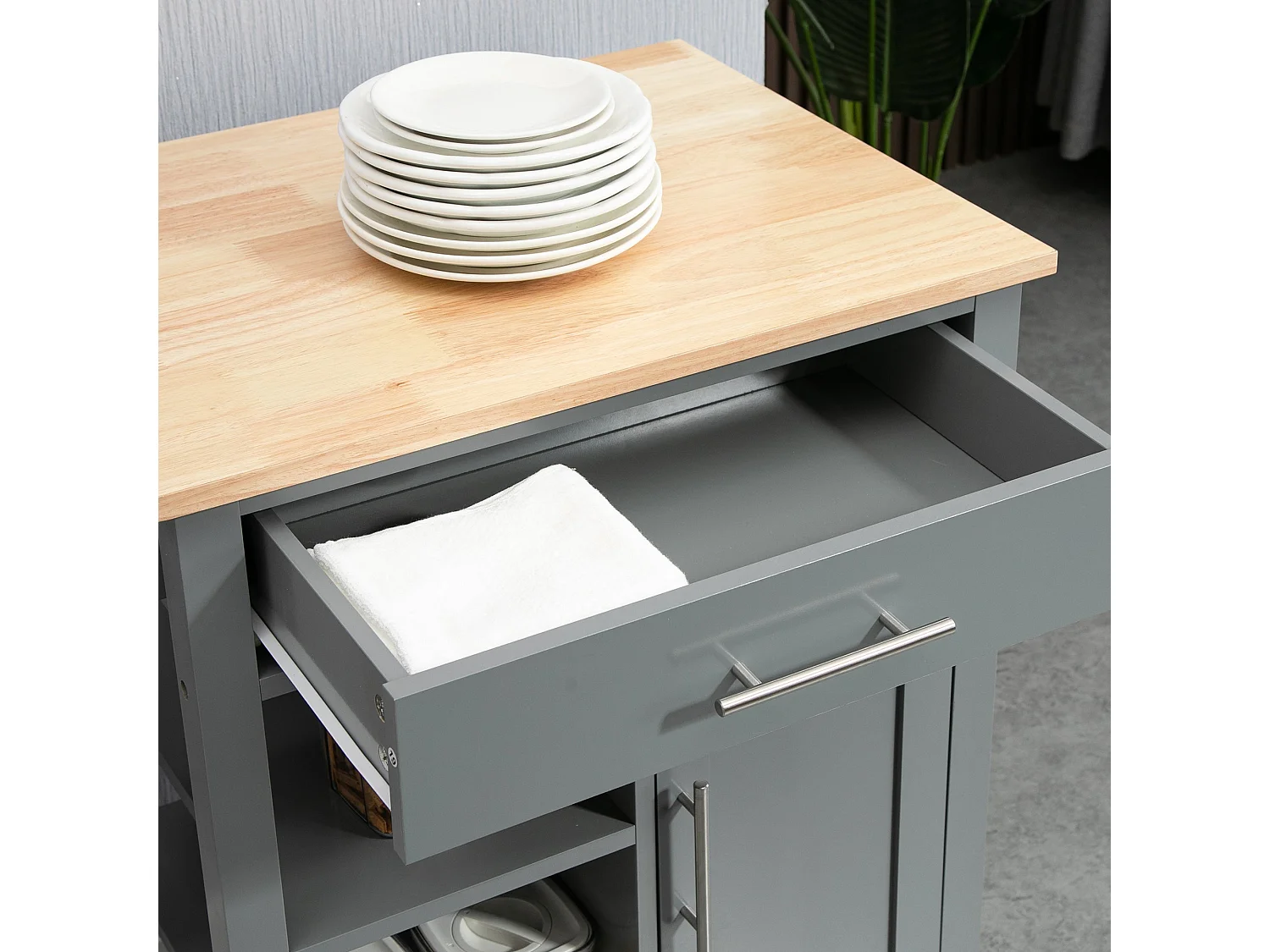 Grey Wooden Compact Kitchen Trolley MDF Drawer Cupboard Shelves Wheels