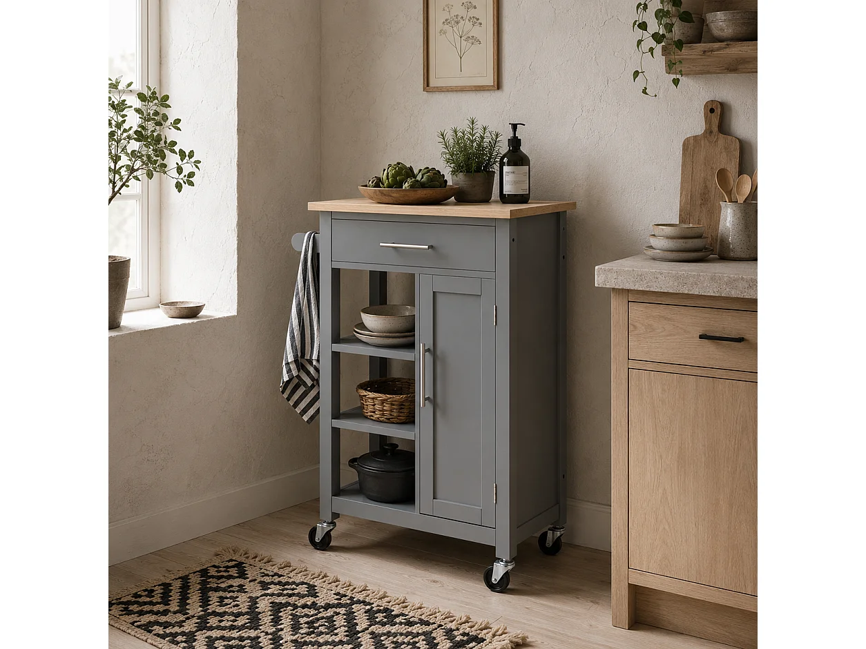 Grey Wooden Compact Kitchen Trolley MDF Drawer Cupboard Shelves Wheels