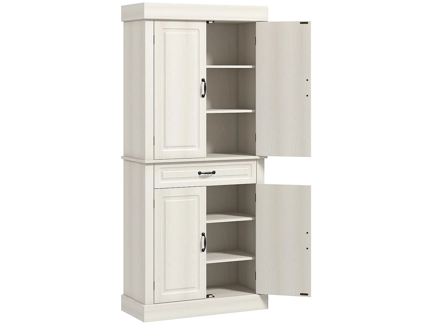 Tokeri Cream White Tall Kitchen Pantry Cabinet 4 Doors Shelves and Drawer