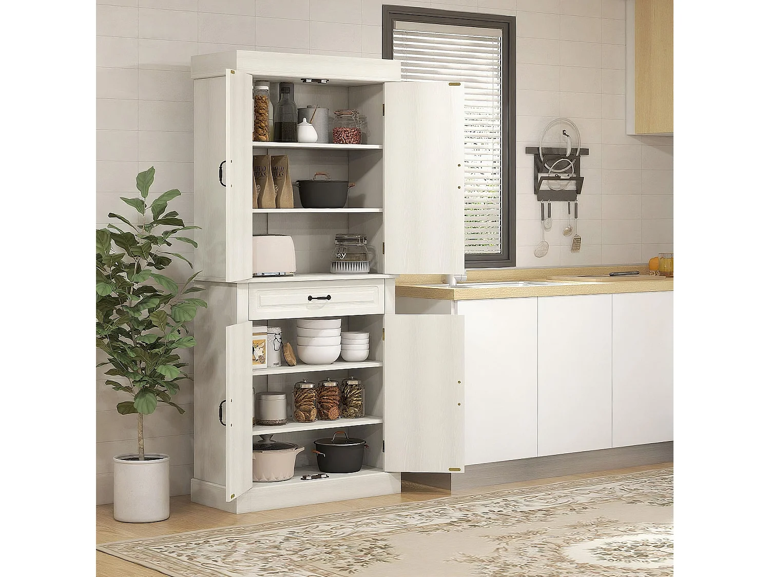 Tokeri Cream White Tall Kitchen Pantry Cabinet 4 Doors Shelves and Drawer