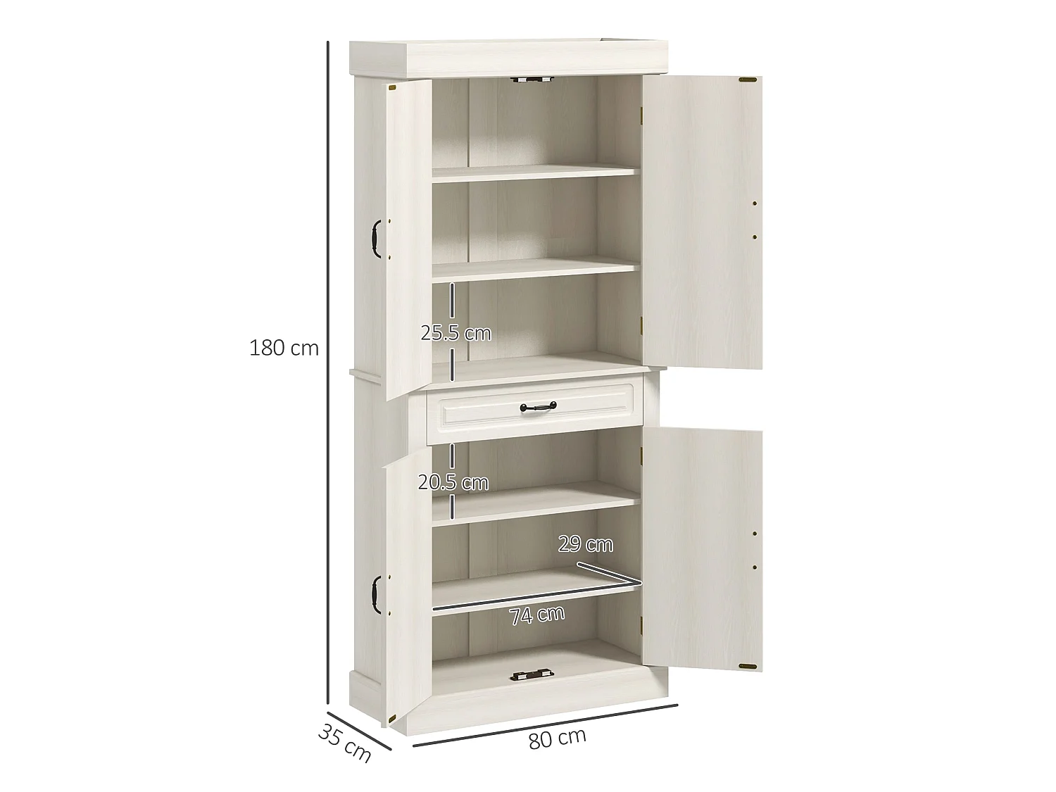 Tokeri Cream White Tall Kitchen Pantry Cabinet 4 Doors Shelves and Drawer