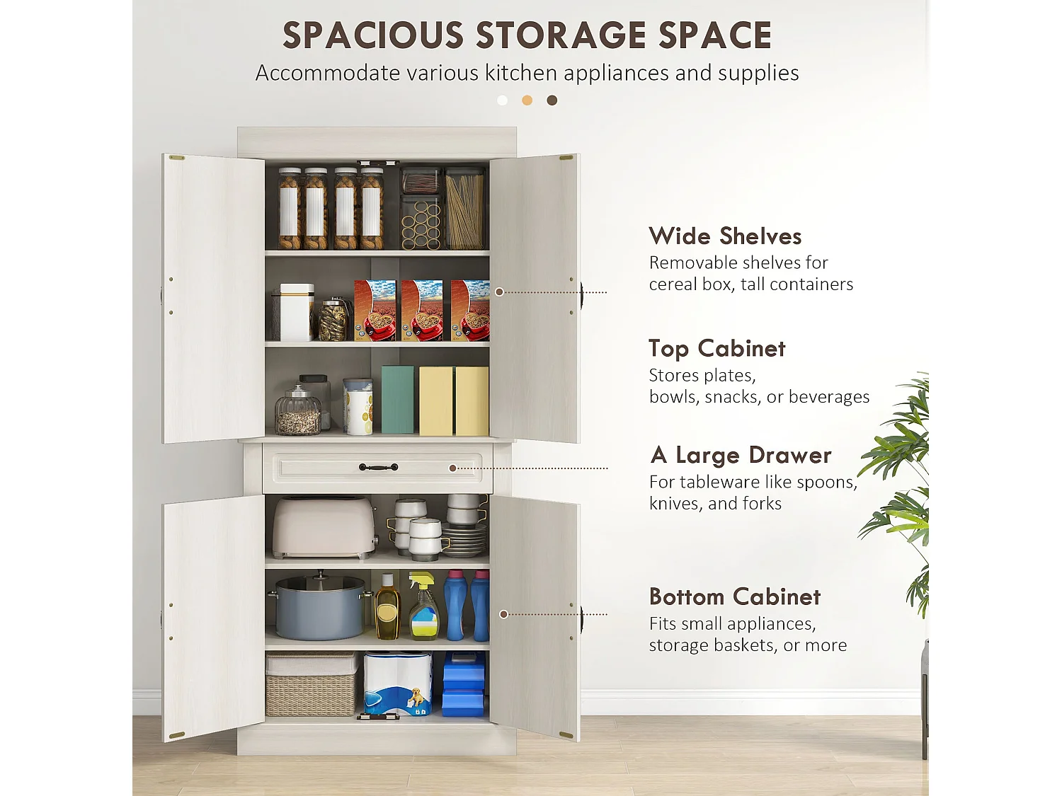Tokeri Cream White Tall Kitchen Pantry Cabinet 4 Doors Shelves and Drawer