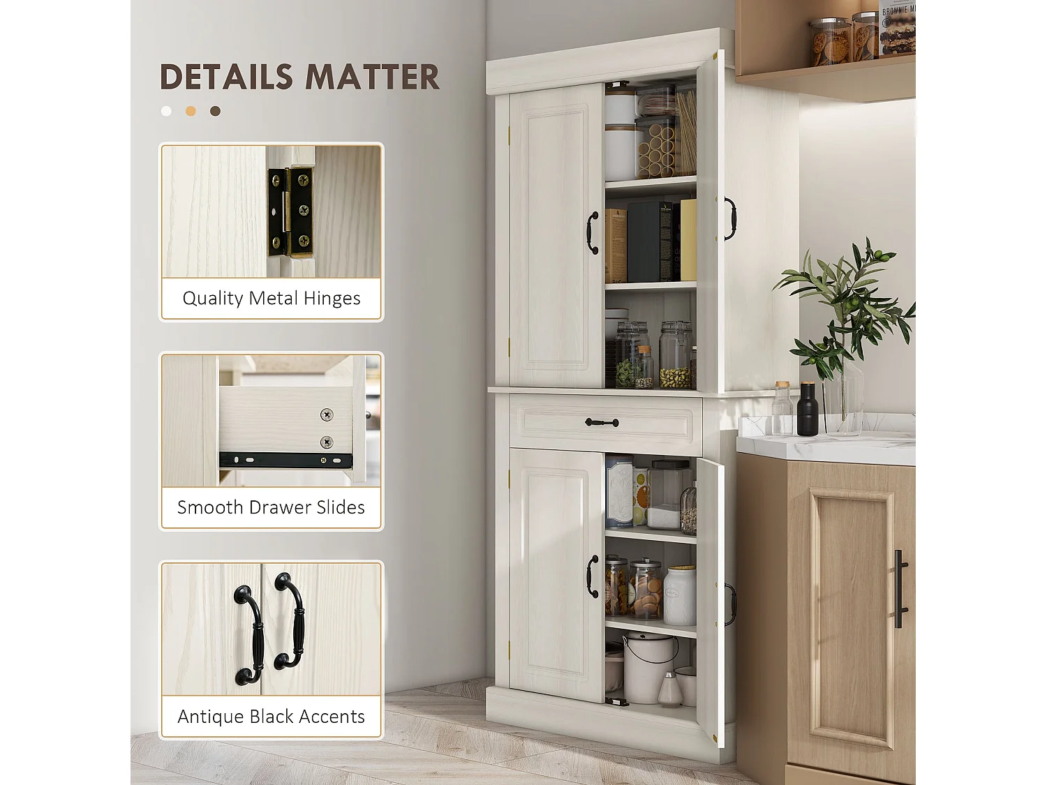 Tokeri Cream White Tall Kitchen Pantry Cabinet 4 Doors Shelves and Drawer