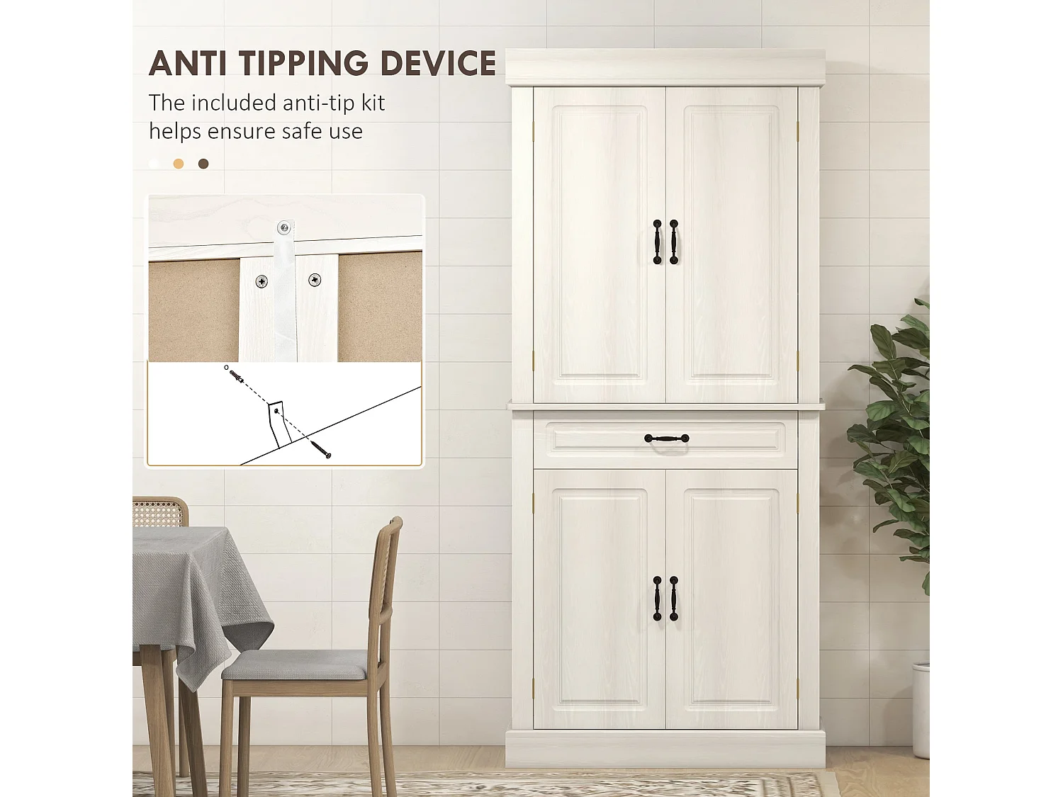 Tokeri Cream White Tall Kitchen Pantry Cabinet 4 Doors Shelves and Drawer