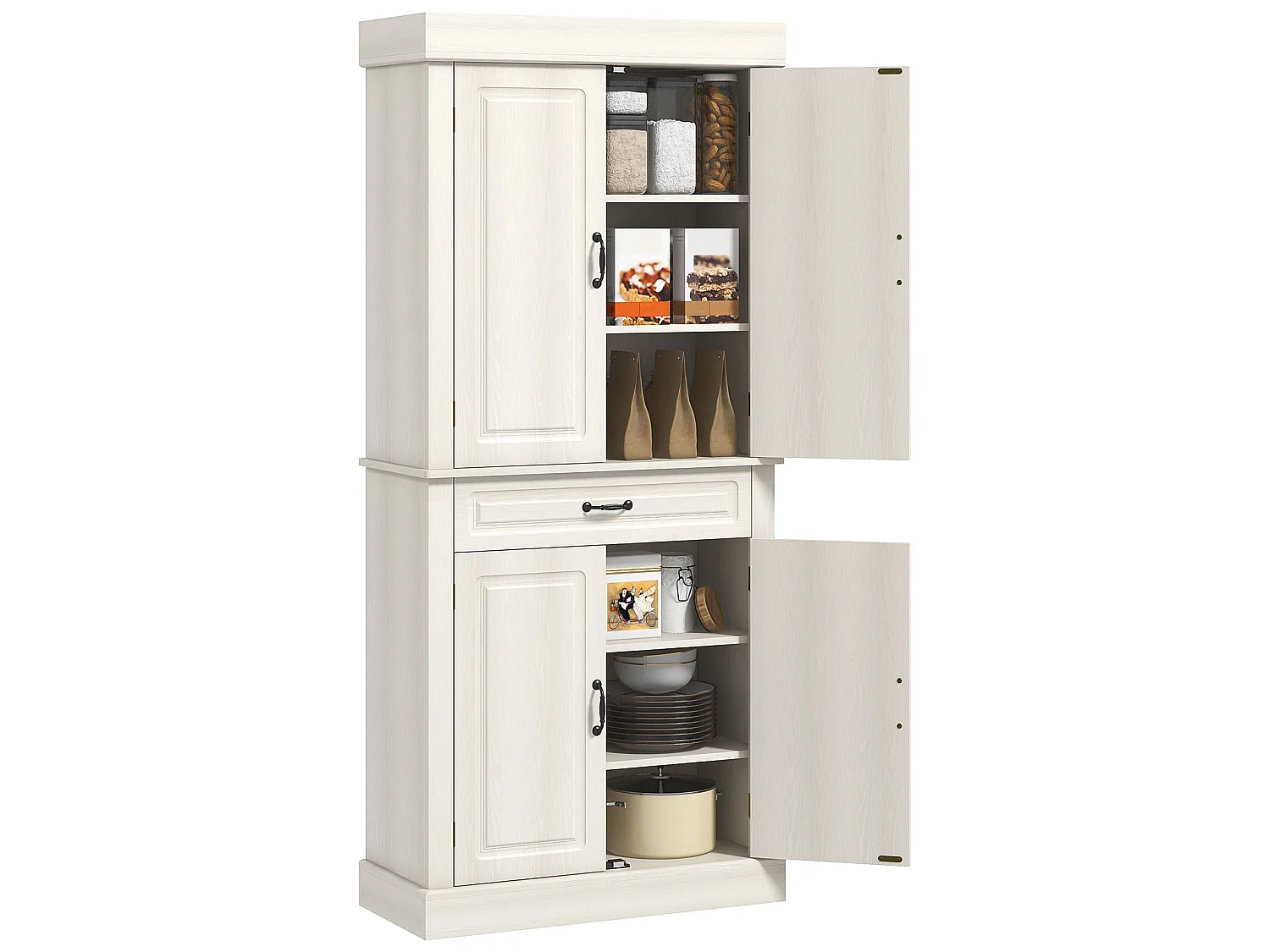 Tokeri Cream White Tall Kitchen Pantry Cabinet 4 Doors Shelves and Drawer
