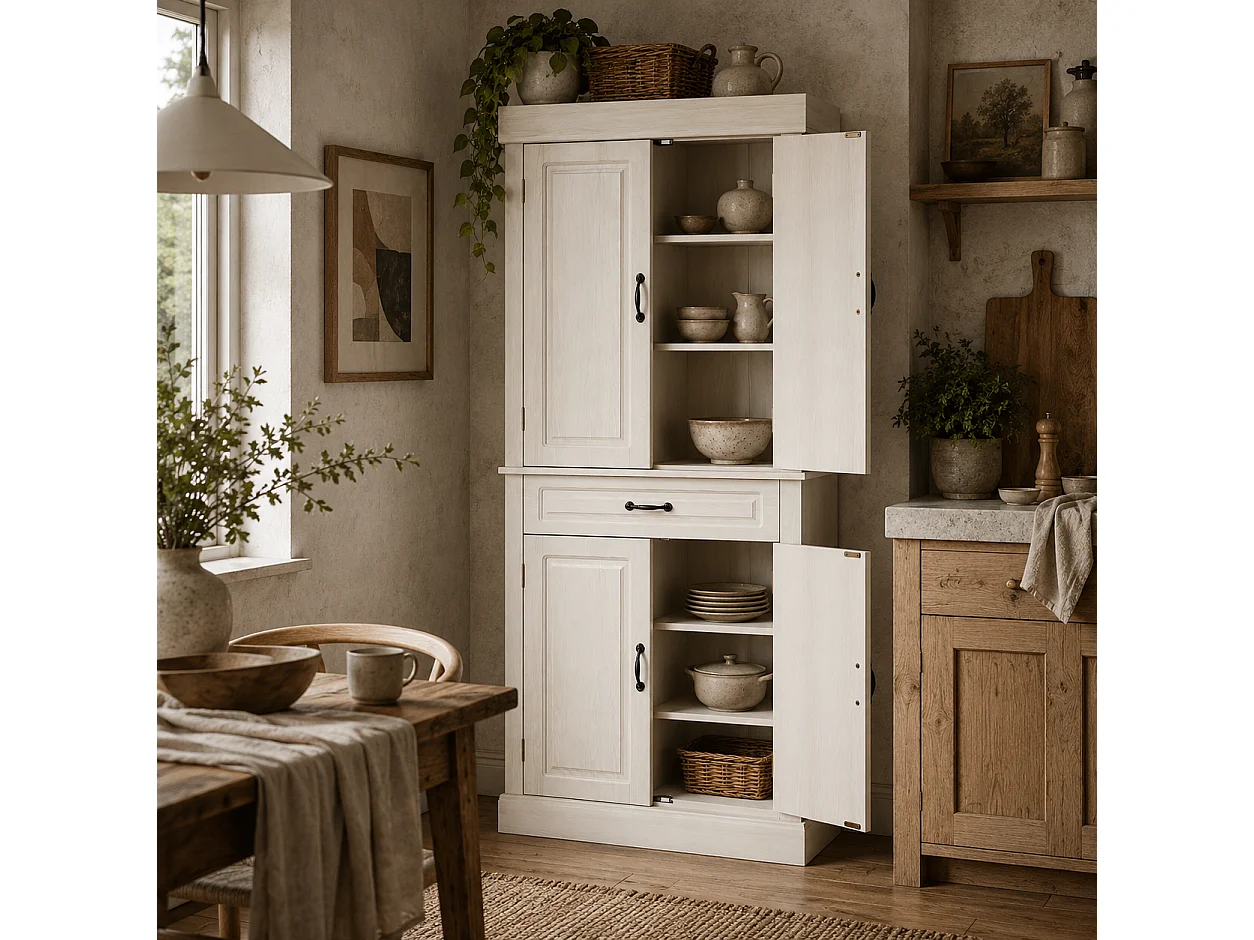 Tokeri Cream White Tall Kitchen Pantry Cabinet 4 Doors Shelves and Drawer