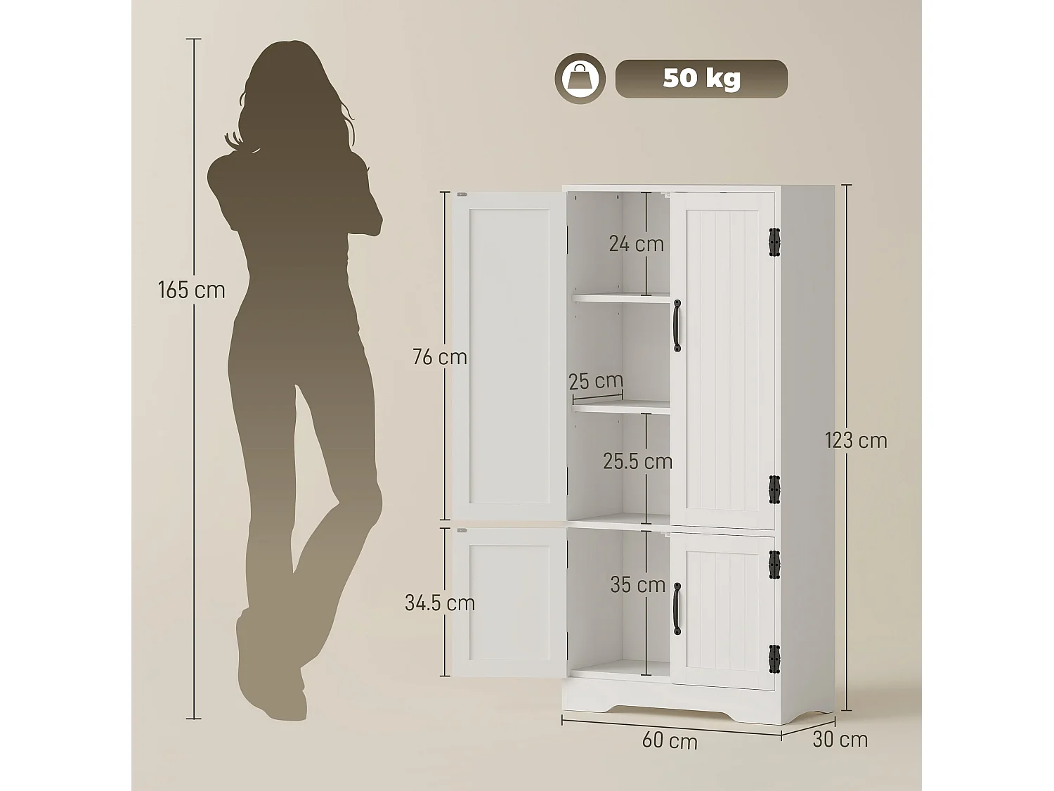 Rifa White MDF Storage Cabinet 4 Doors Adjustable Shelves Anti Tilt