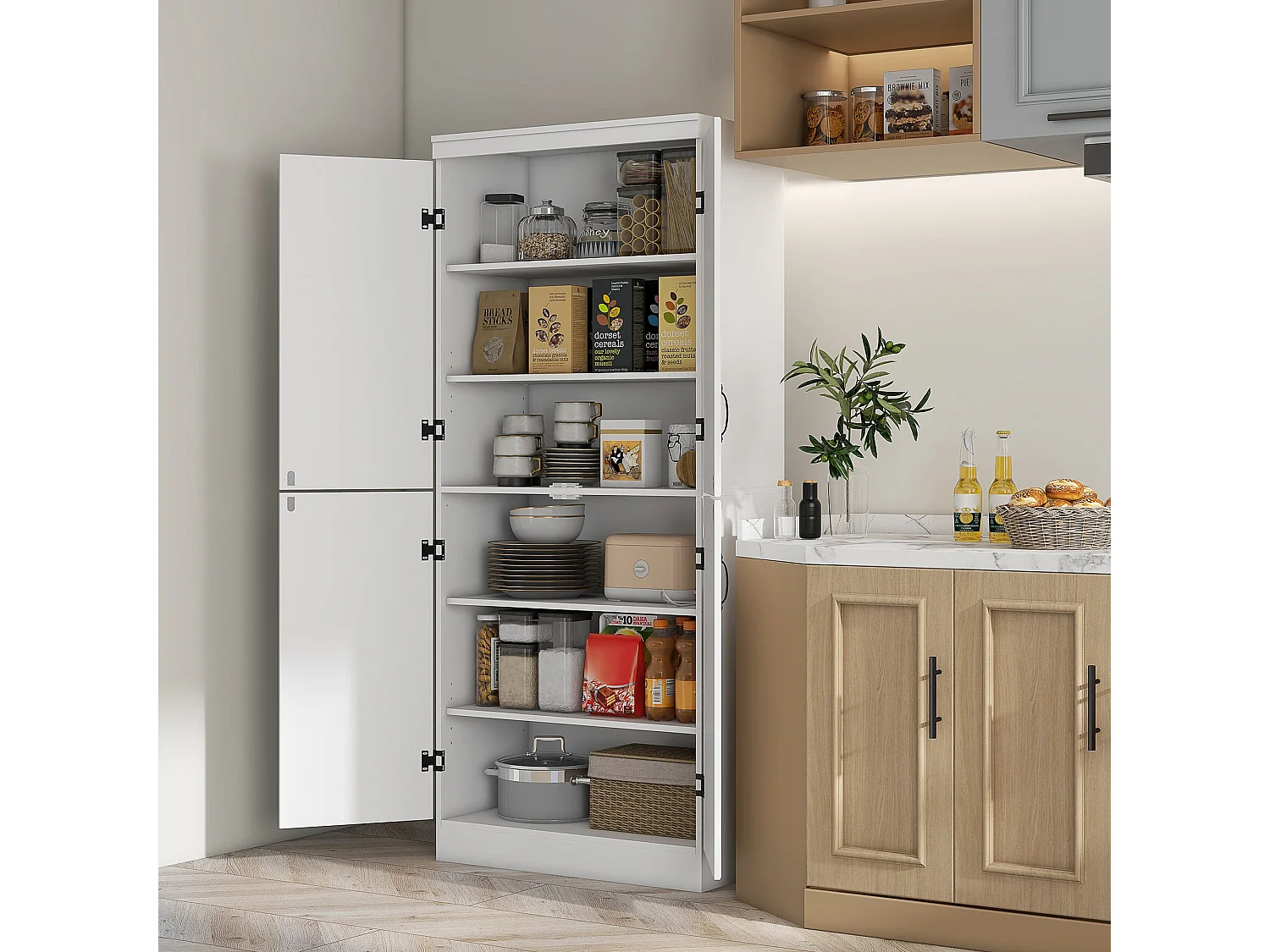Nahado White 4 Door Tall Kitchen Cupboard 6 Tier Storage with Adjustable Shelves