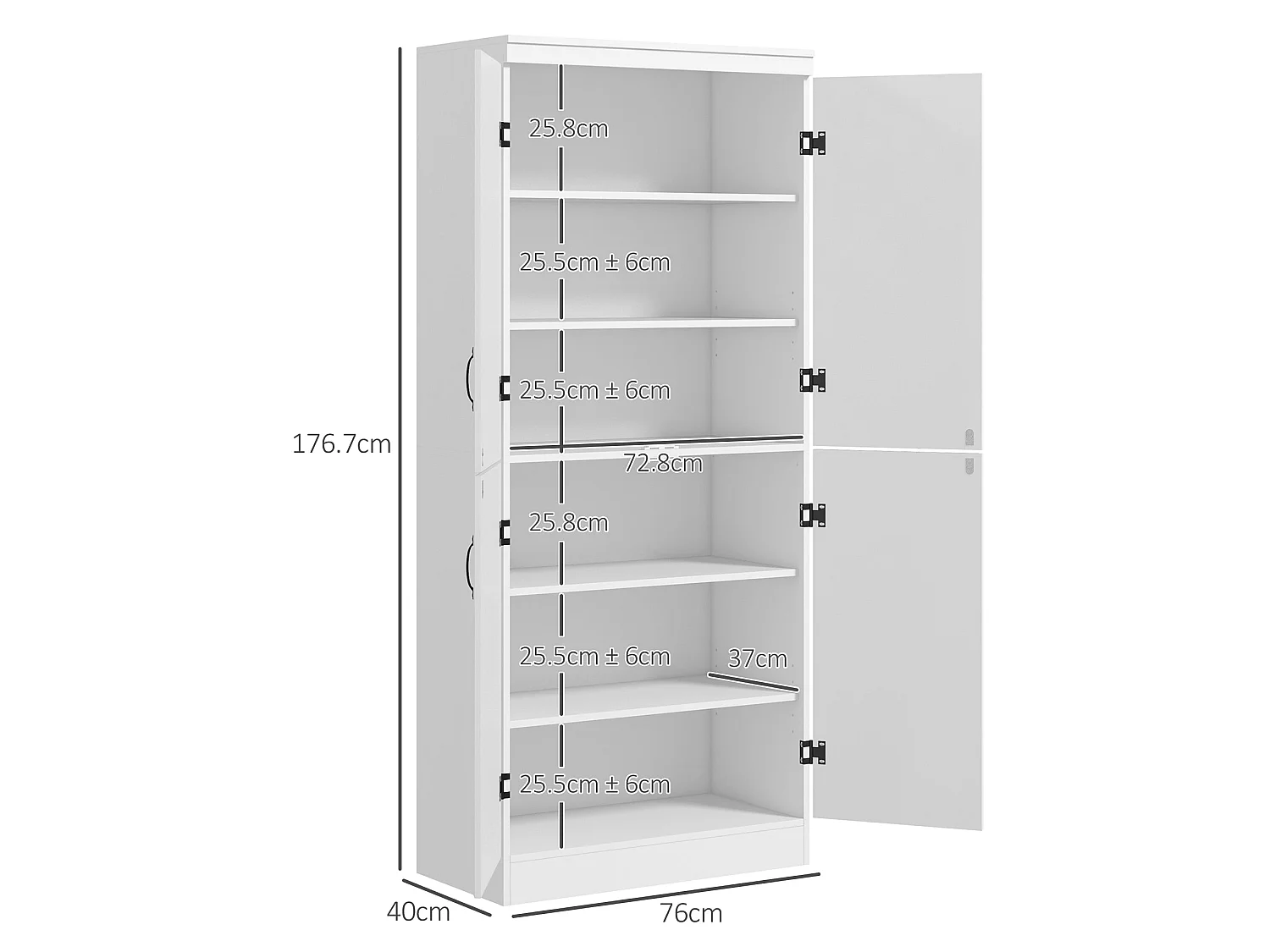 Nahado White 4 Door Tall Kitchen Cupboard 6 Tier Storage with Adjustable Shelves