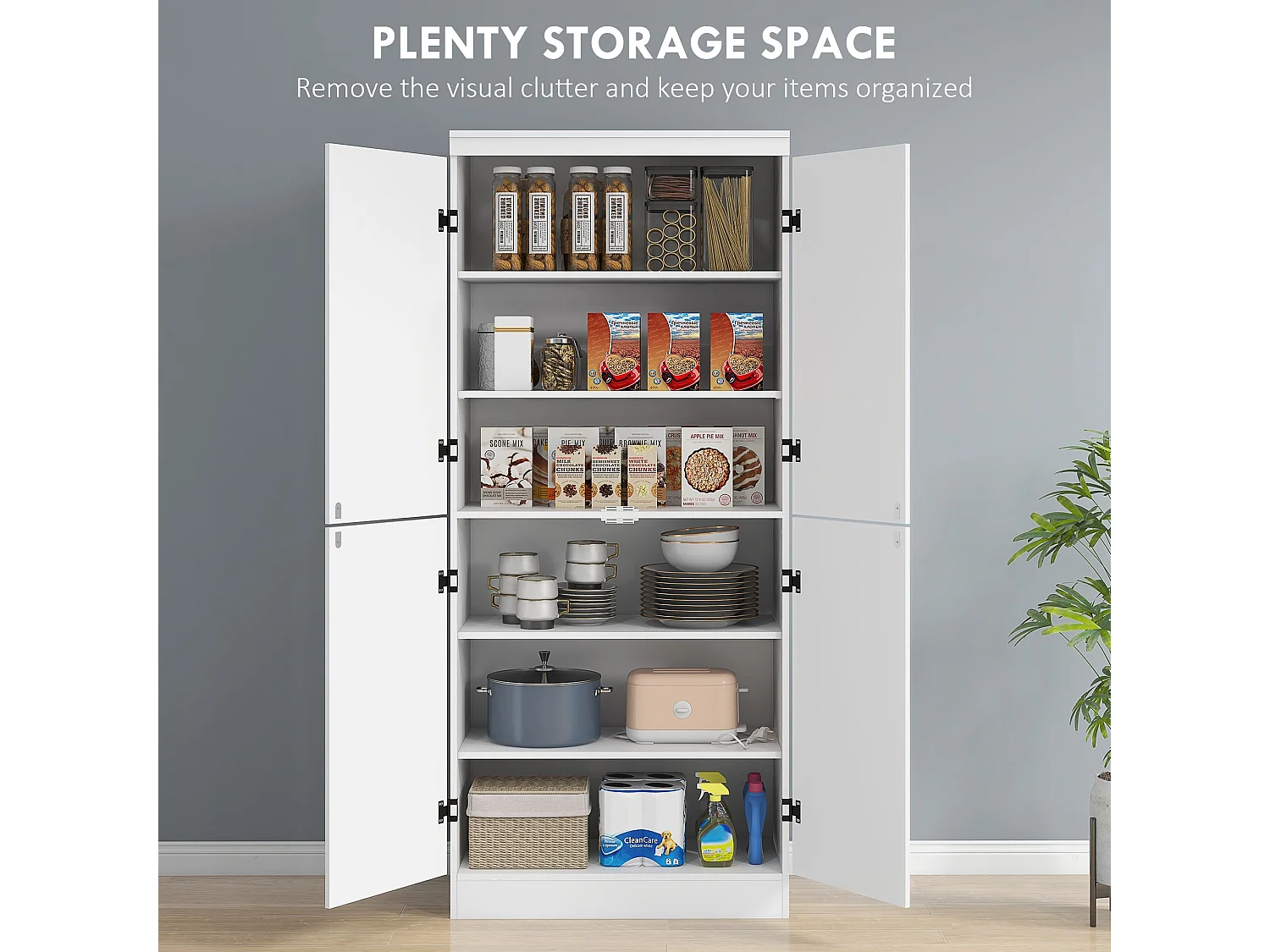 Nahado White 4 Door Tall Kitchen Cupboard 6 Tier Storage with Adjustable Shelves