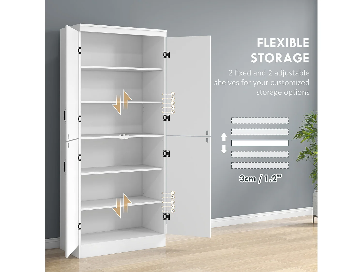 Nahado White 4 Door Tall Kitchen Cupboard 6 Tier Storage with Adjustable Shelves