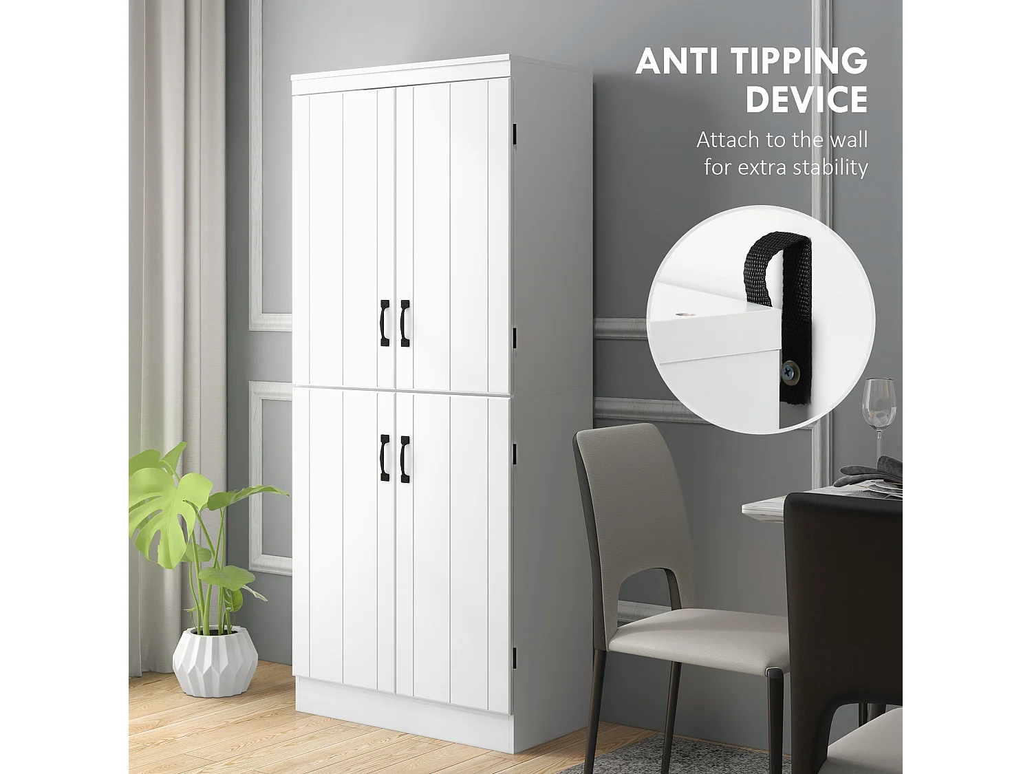 Nahado White 4 Door Tall Kitchen Cupboard 6 Tier Storage with Adjustable Shelves