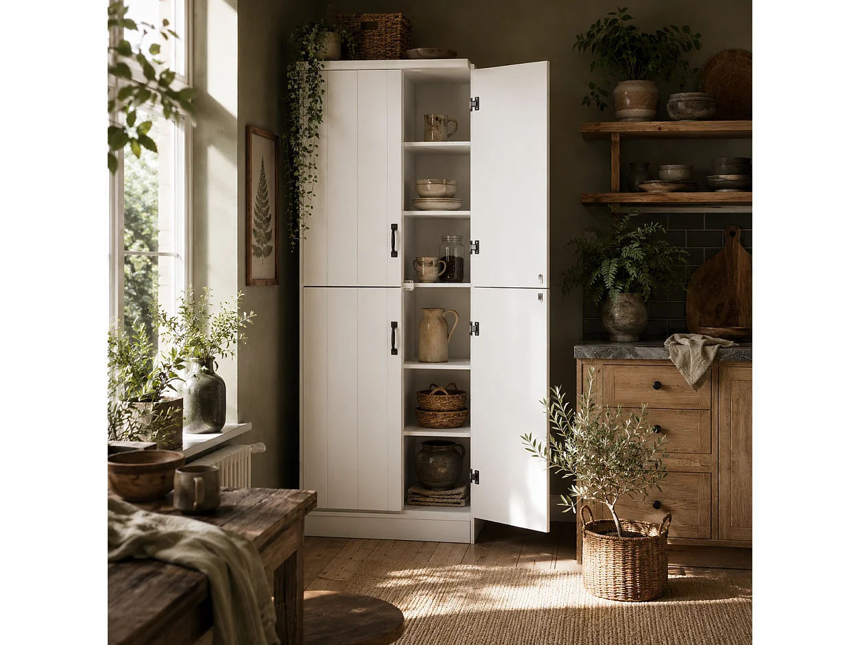 Nahado White 4 Door Tall Kitchen Cupboard 6 Tier Storage with Adjustable Shelves