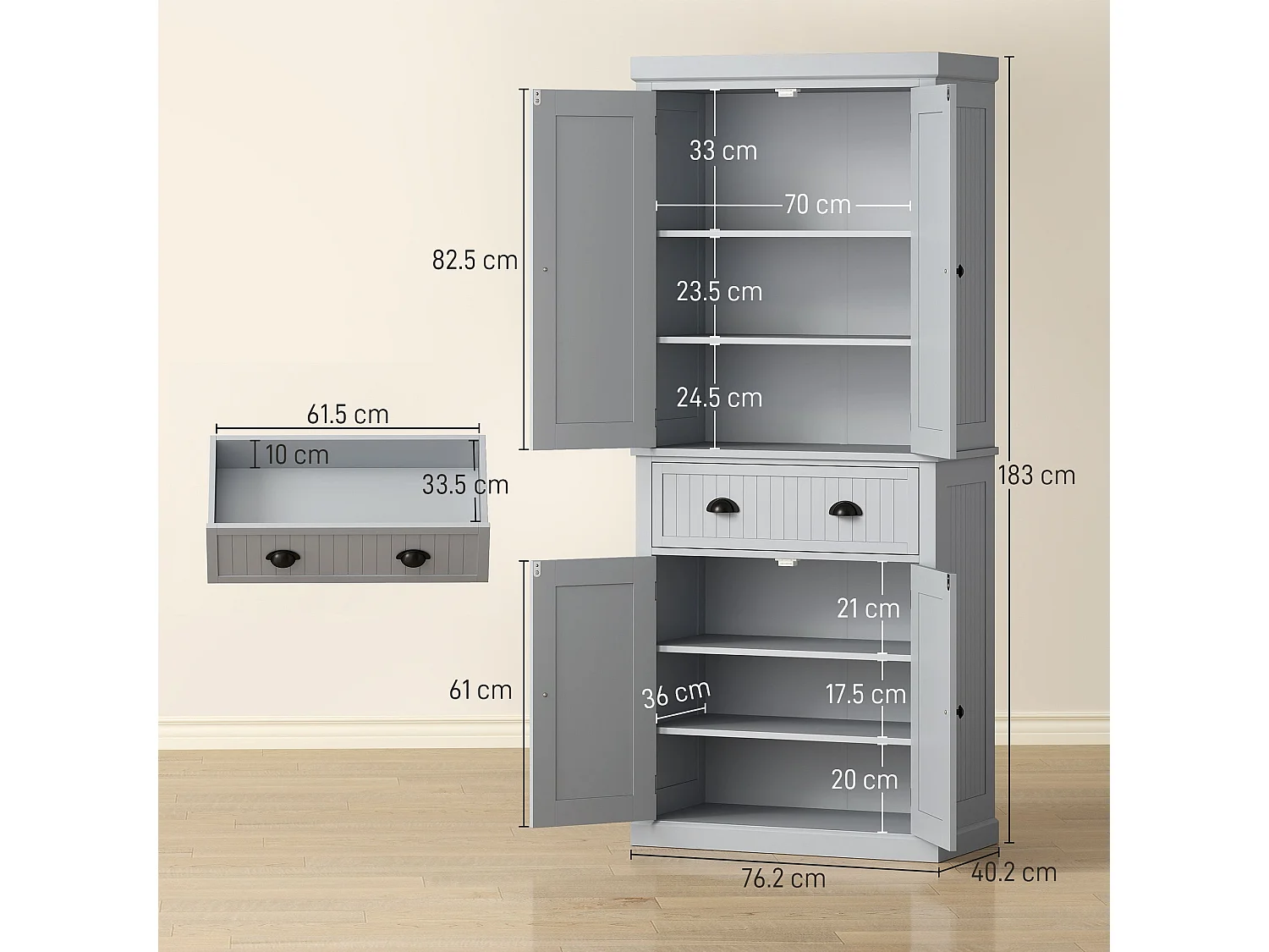 Somoel 183cm Grey Mid Century Panelled Kitchen Pantry Cabinet