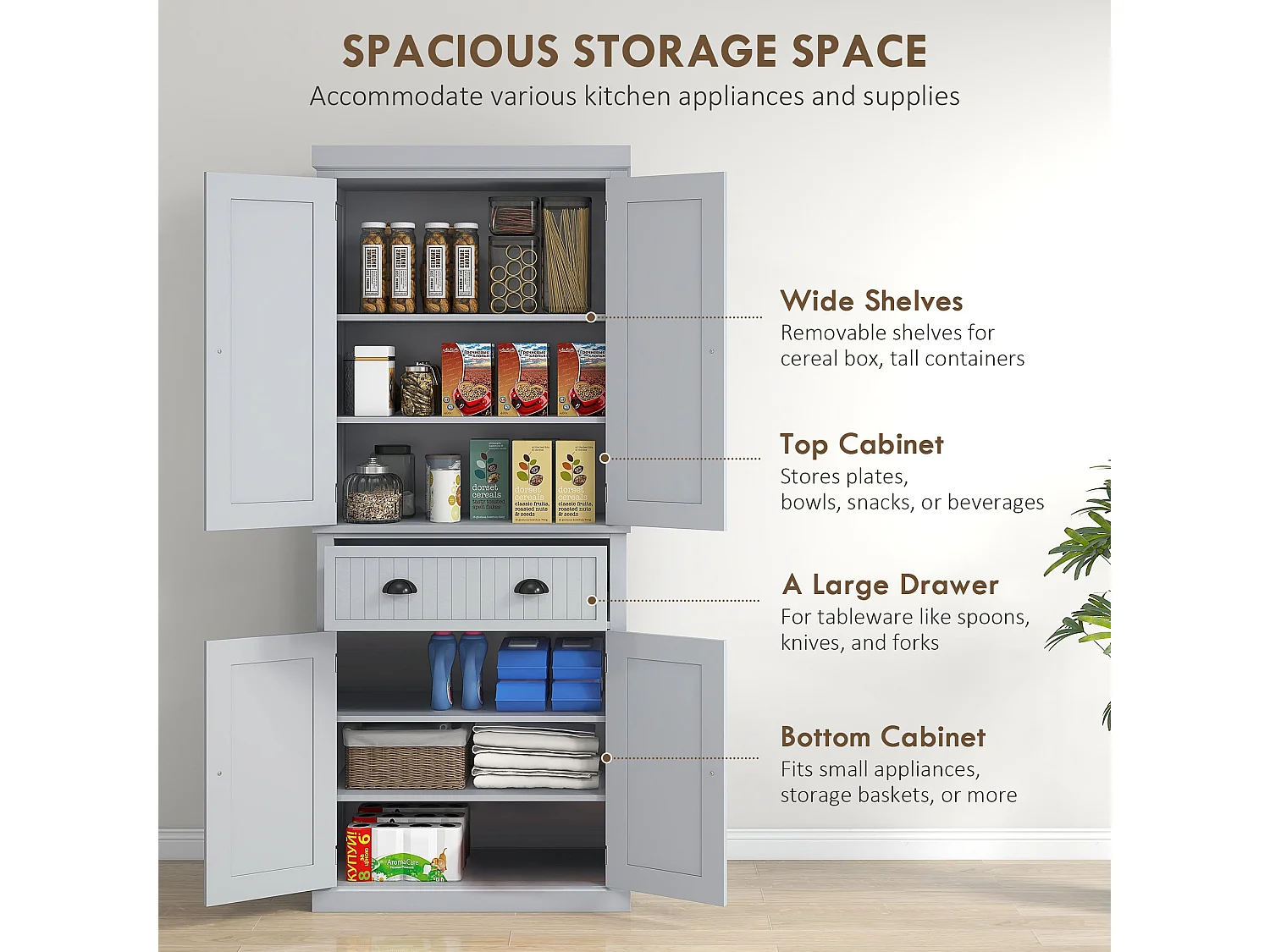 Somoel 183cm Grey Mid Century Panelled Kitchen Pantry Cabinet