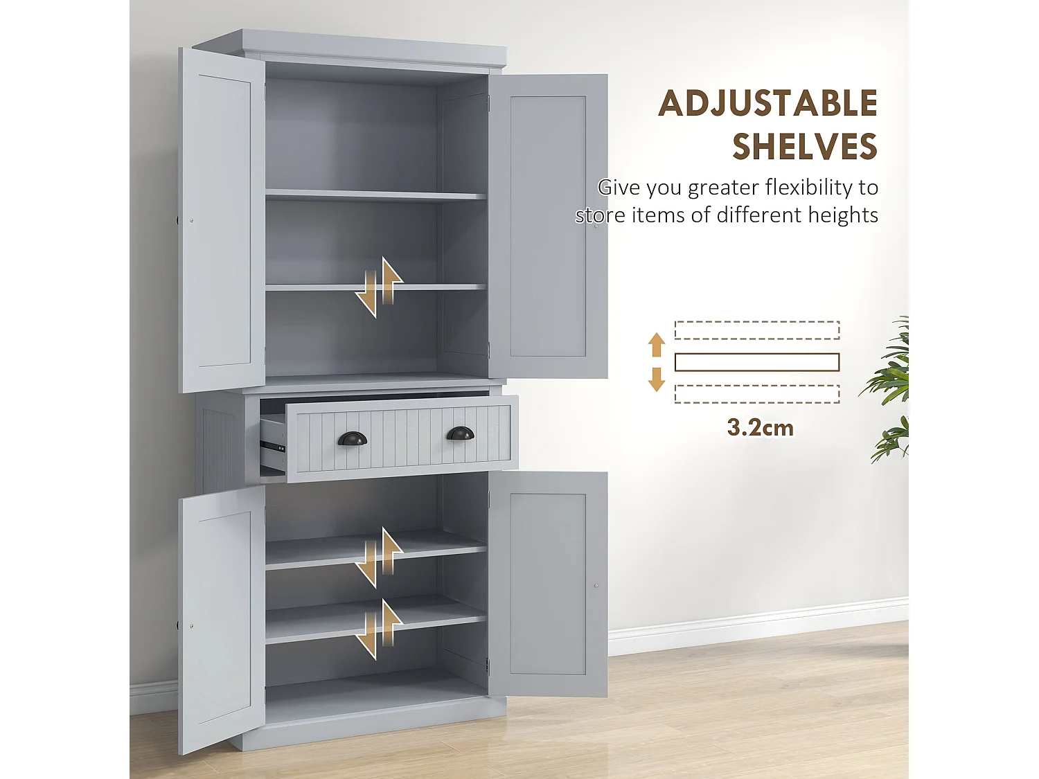Somoel 183cm Grey Mid Century Panelled Kitchen Pantry Cabinet