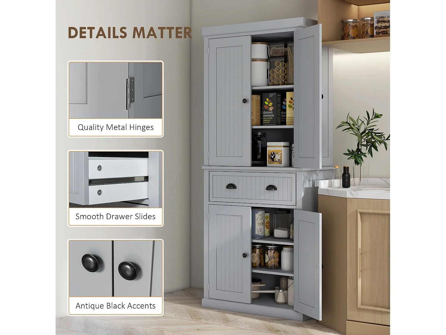Somoel 183cm Grey Mid Century Panelled Kitchen Pantry Cabinet