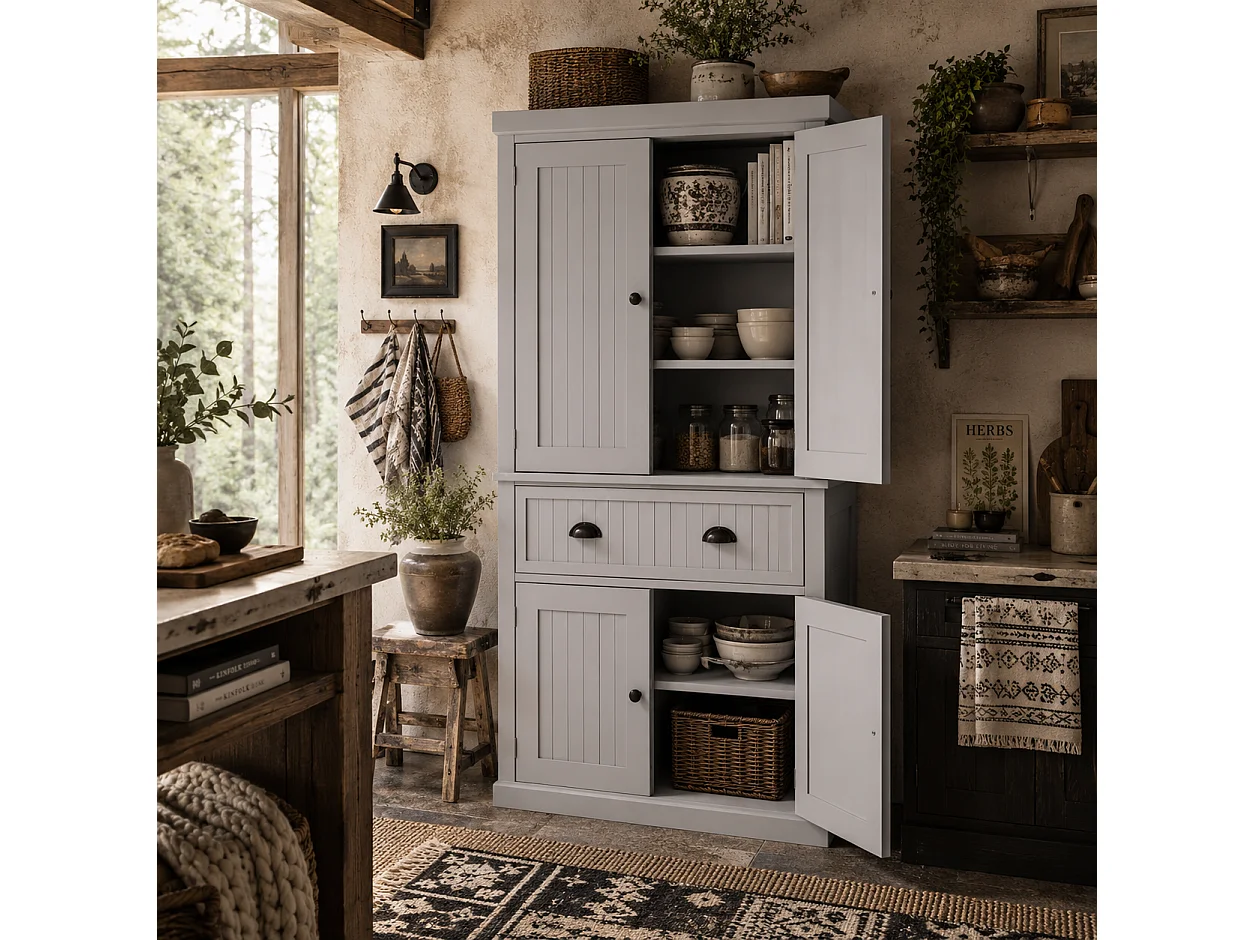 Somoel 183cm Grey Mid Century Panelled Kitchen Pantry Cabinet