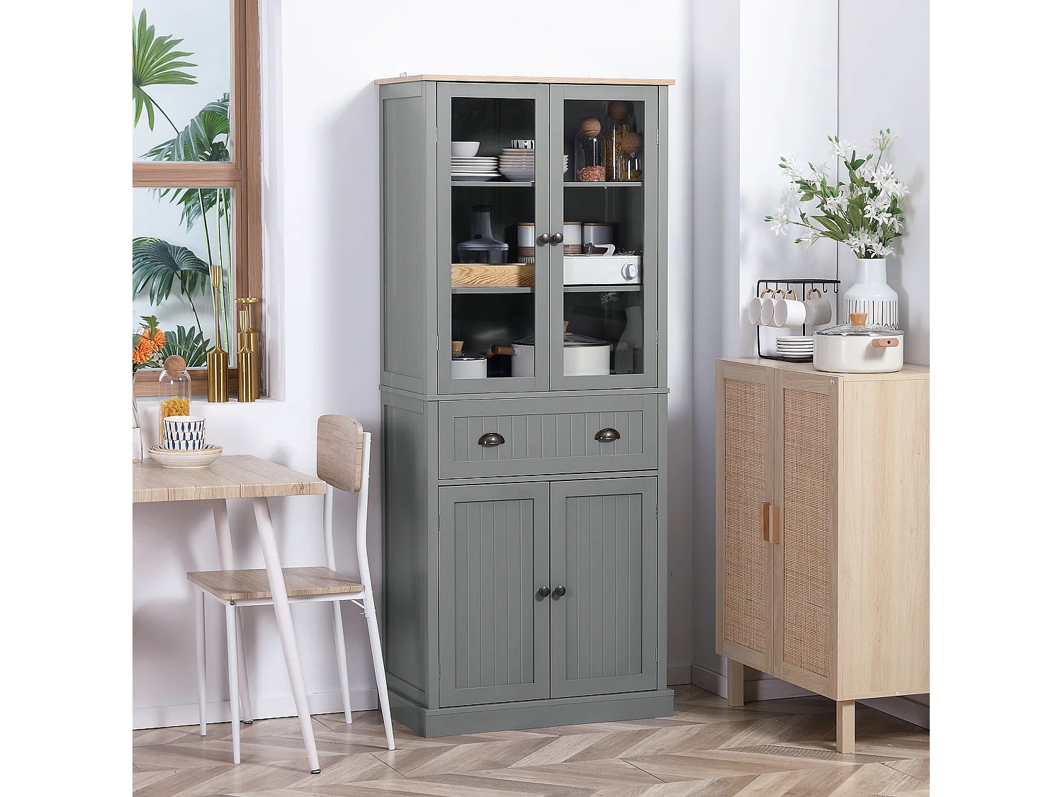 Todi Hael 180cm Grey and Oak Kitchen Pantry Cabinet with Adjustable Shelves and Drawer
