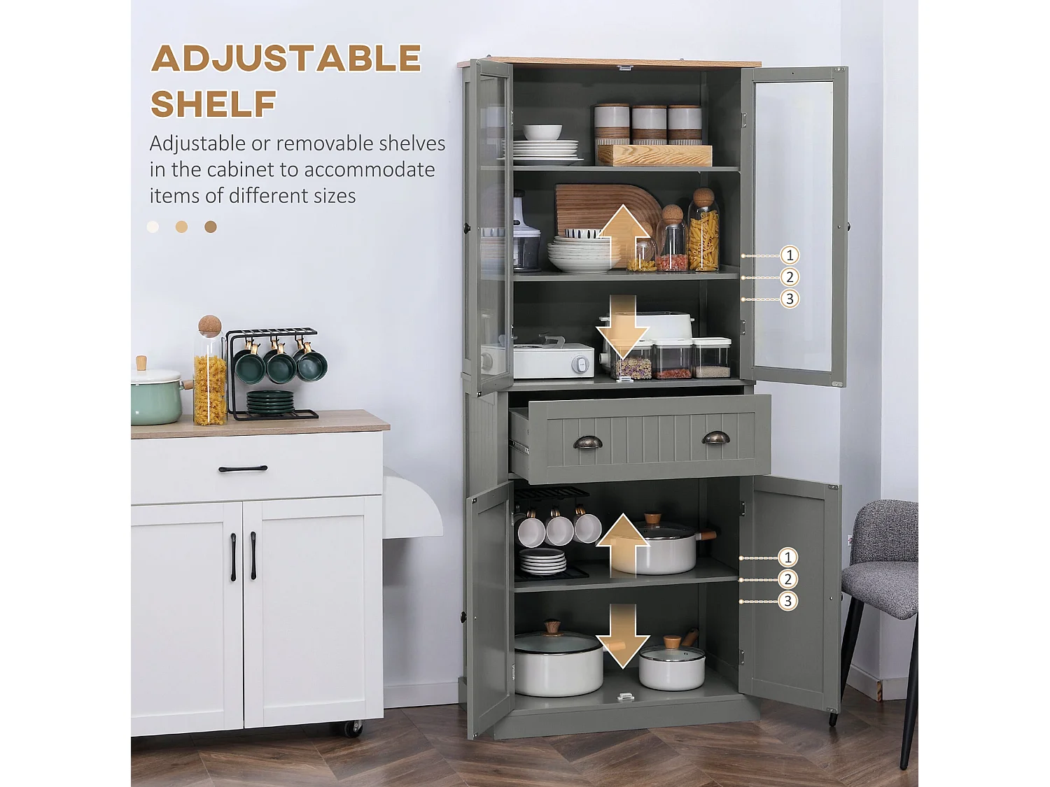 Todi Hael 180cm Grey and Oak Kitchen Pantry Cabinet with Adjustable Shelves and Drawer