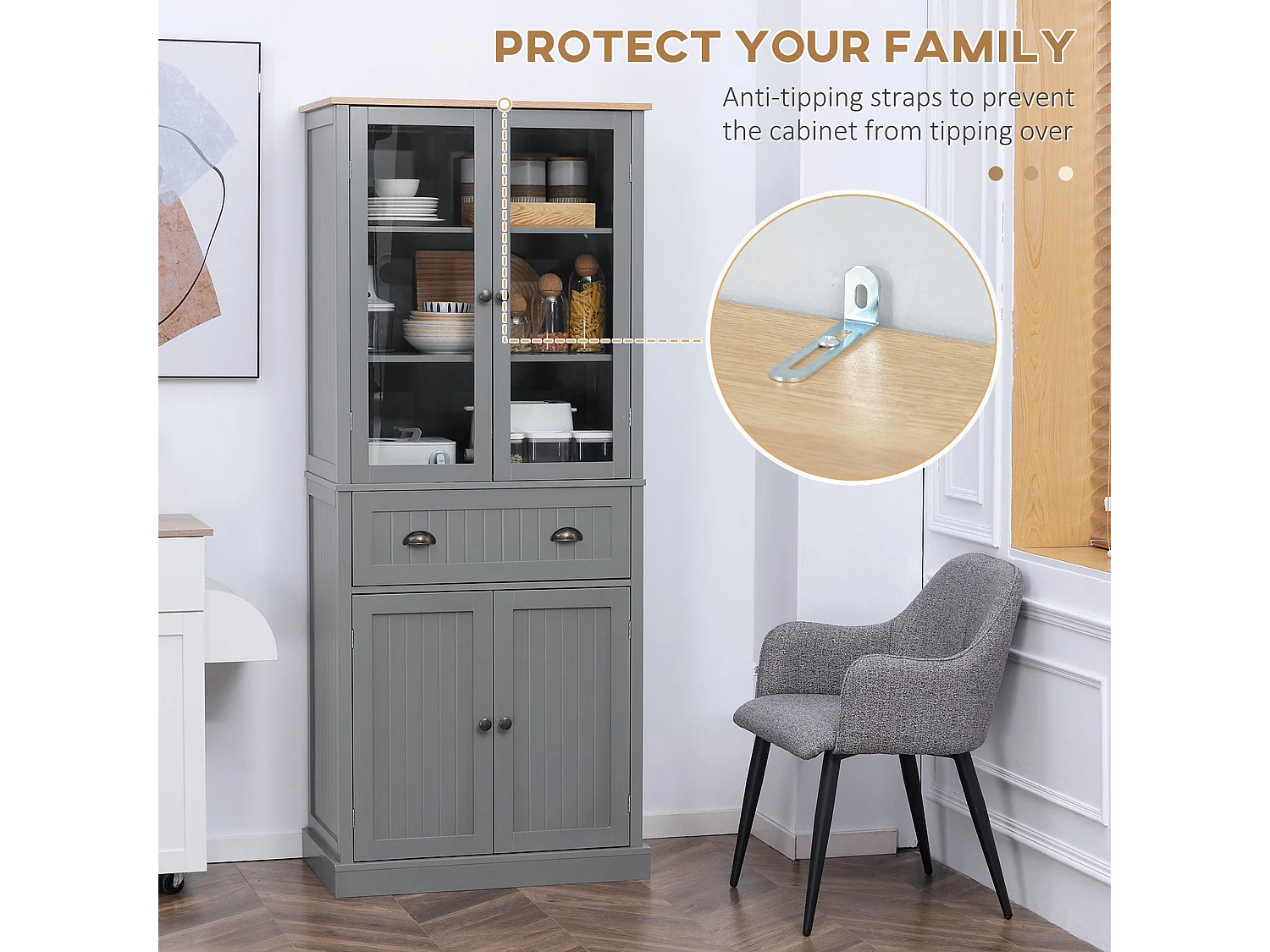 Todi Hael 180cm Grey and Oak Kitchen Pantry Cabinet with Adjustable Shelves and Drawer
