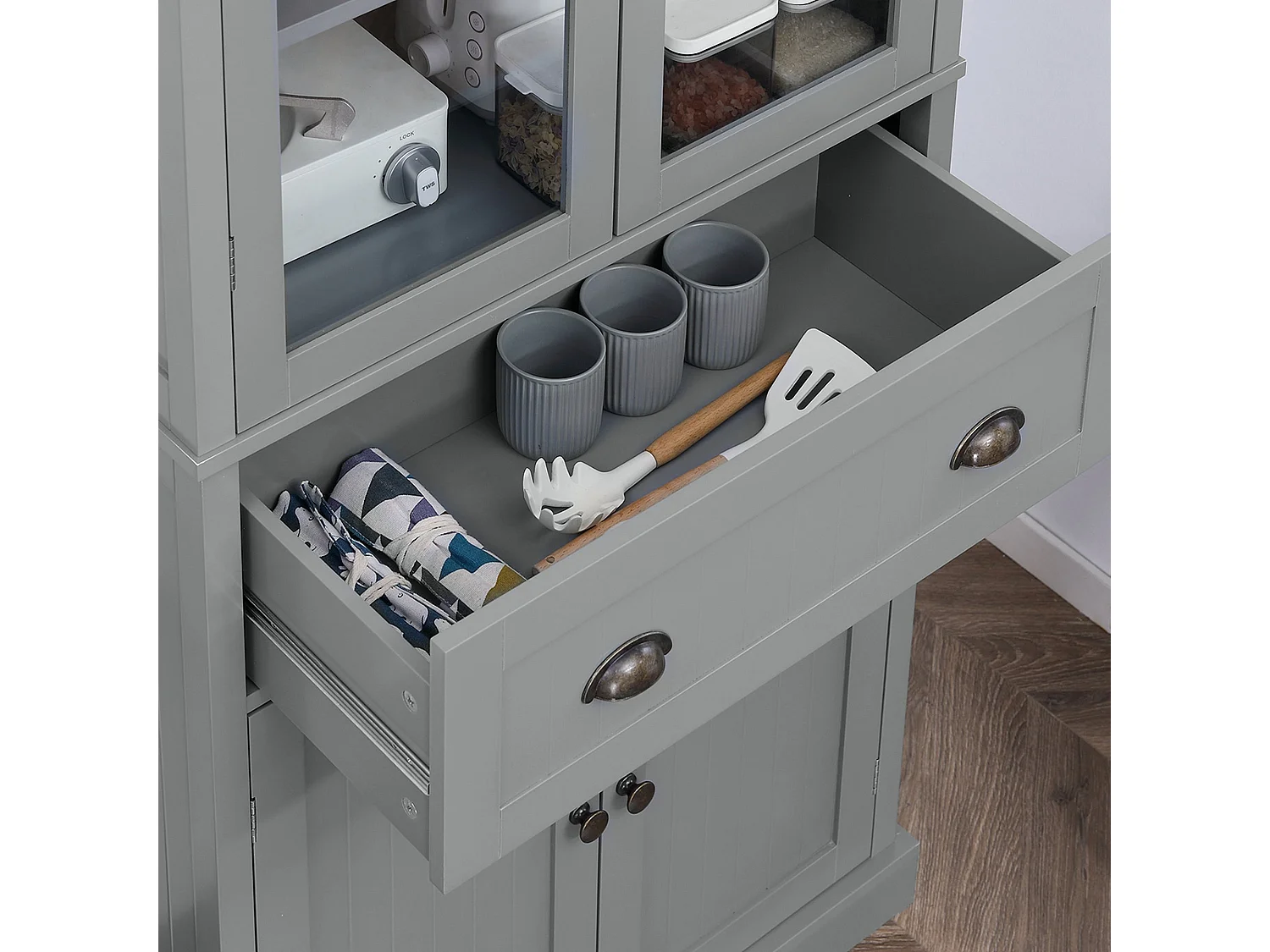 Todi Hael 180cm Grey and Oak Kitchen Pantry Cabinet with Adjustable Shelves and Drawer