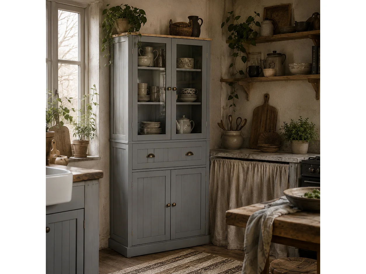 Todi Hael 180cm Grey and Oak Kitchen Pantry Cabinet with Adjustable Shelves and Drawer