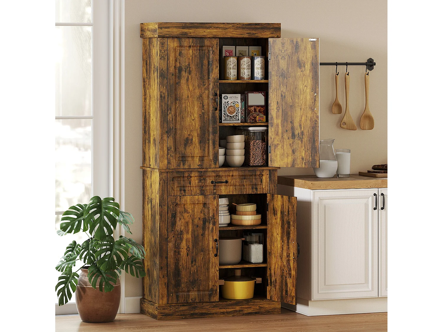 Zirolu 180cm Brown Tall Kitchen Pantry Cabinet with Drawer and Shelves