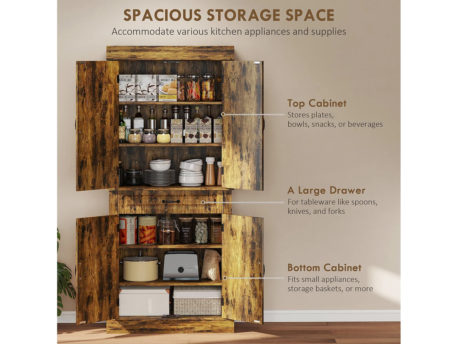 Zirolu 180cm Brown Tall Kitchen Pantry Cabinet with Drawer and Shelves