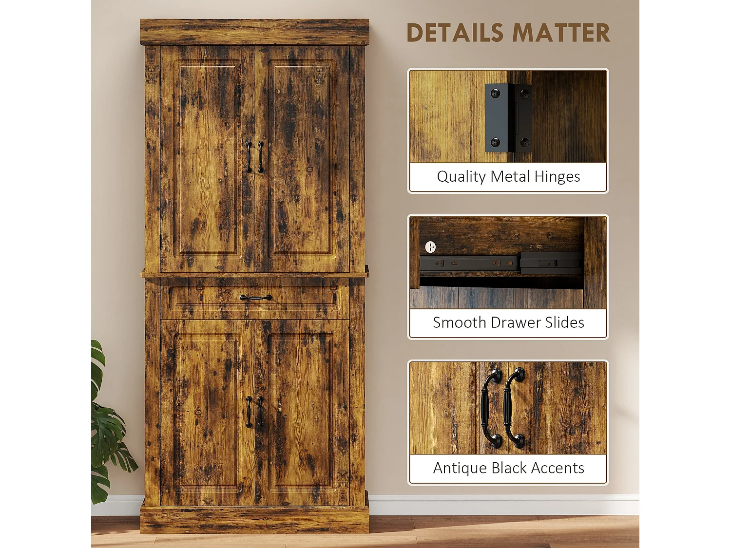 Zirolu 180cm Brown Tall Kitchen Pantry Cabinet with Drawer and Shelves