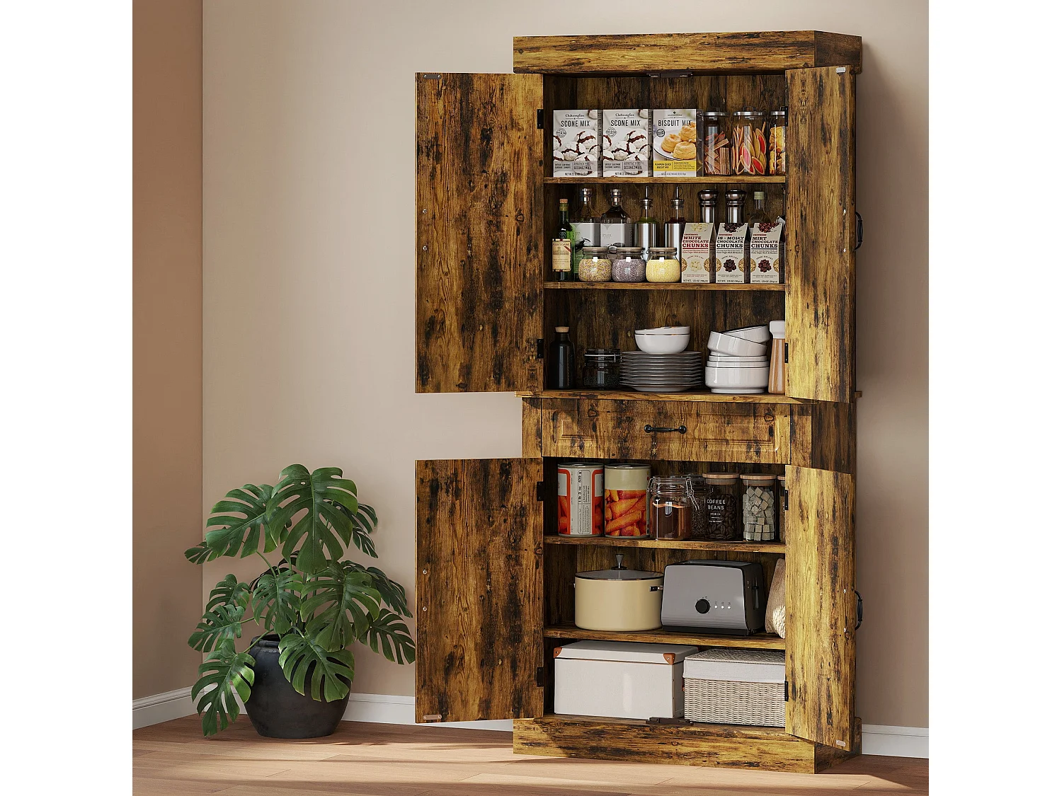 Zirolu 180cm Brown Tall Kitchen Pantry Cabinet with Drawer and Shelves