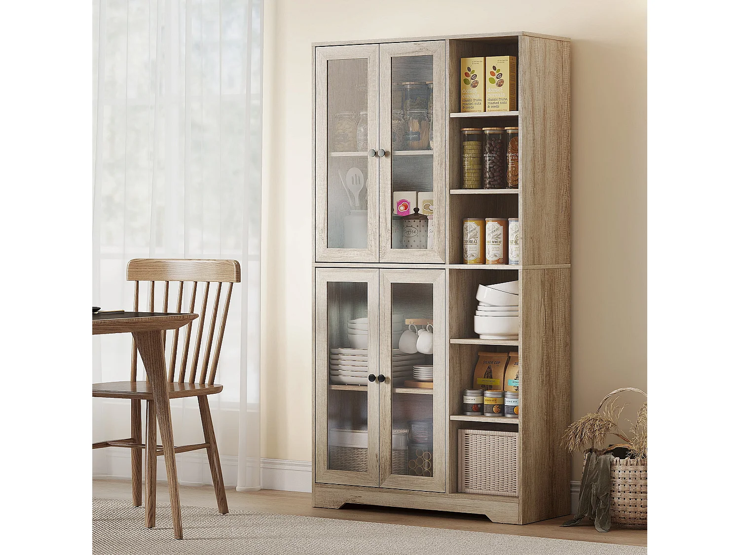 Mole Pantry Tall Oak Effect Kitchen Storage Cabinet with 4 Glass Doors