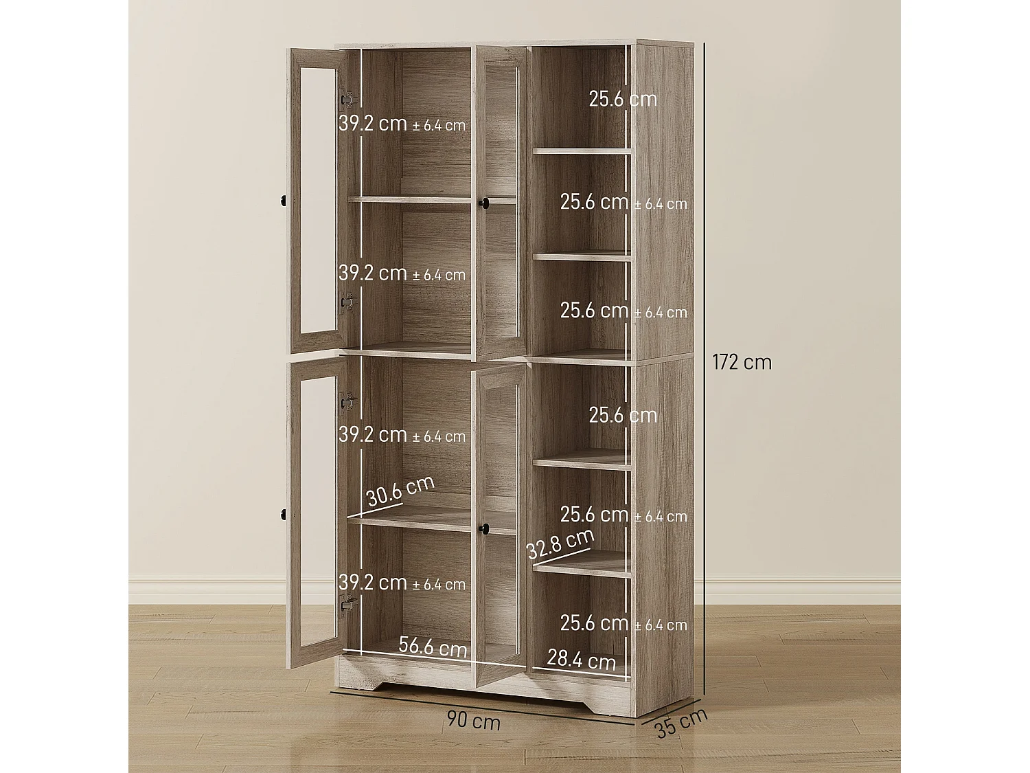 Mole Pantry Tall Oak Effect Kitchen Storage Cabinet with 4 Glass Doors