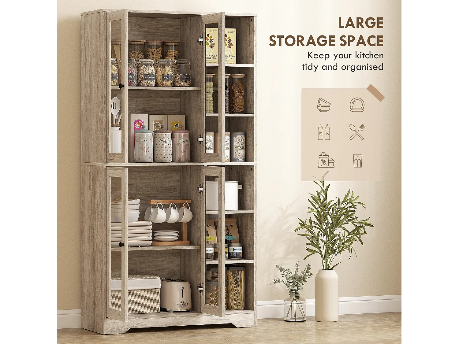 Mole Pantry Tall Oak Effect Kitchen Storage Cabinet with 4 Glass Doors