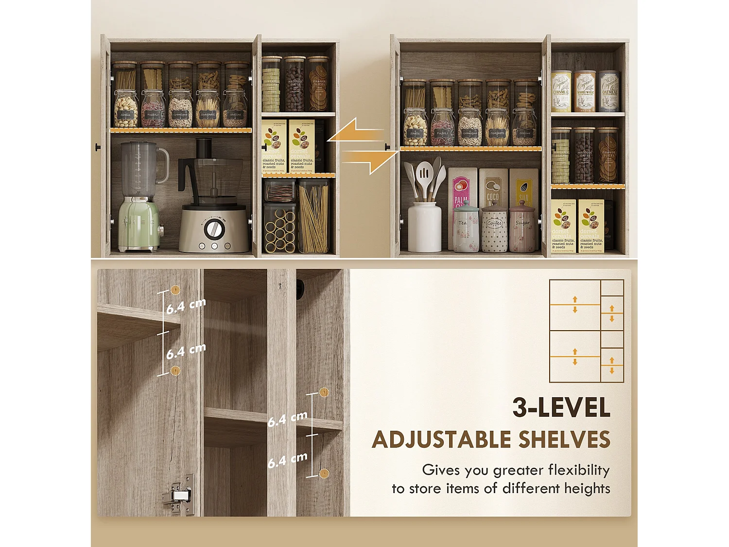 Mole Pantry Tall Oak Effect Kitchen Storage Cabinet with 4 Glass Doors
