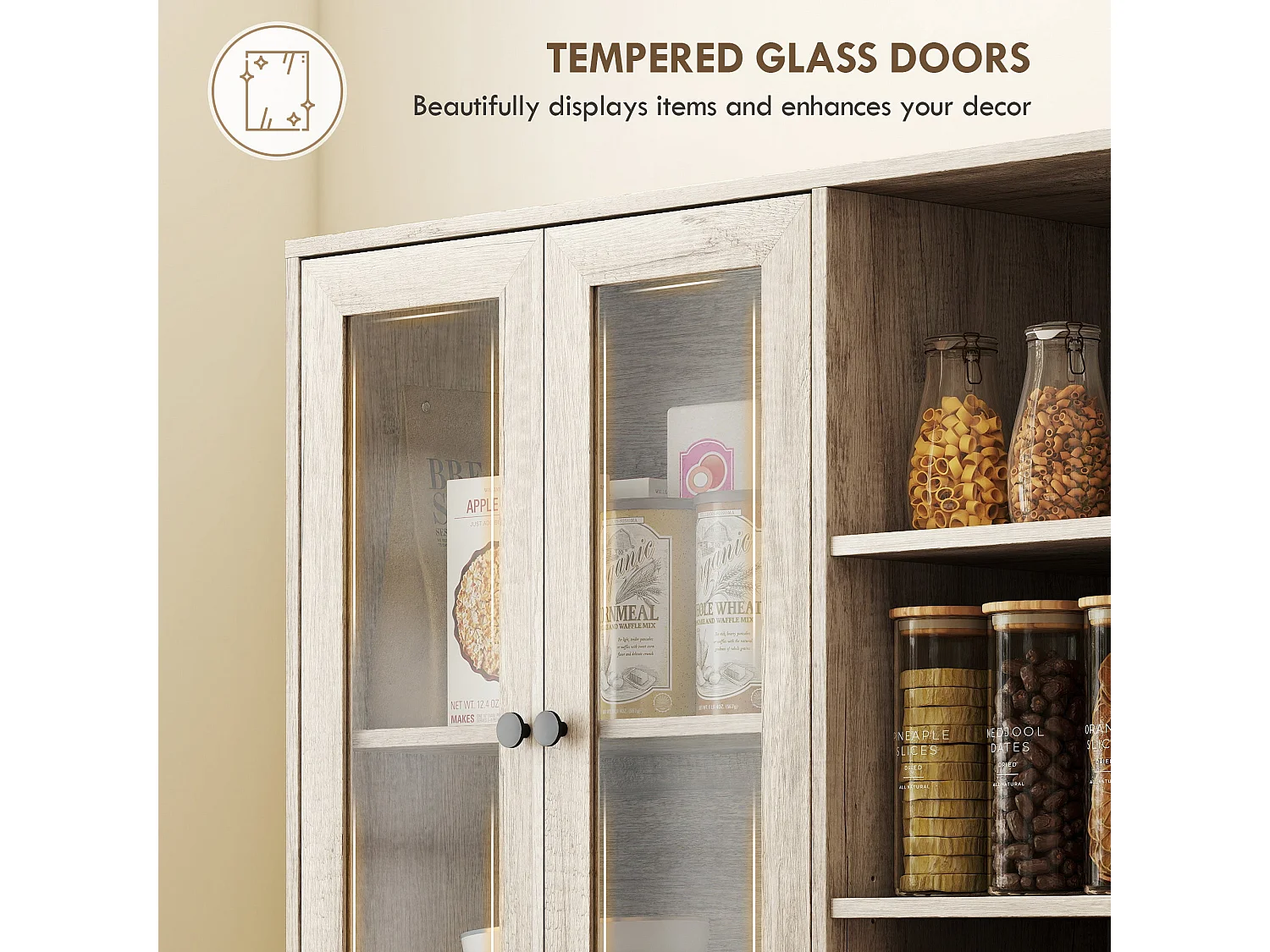 Mole Pantry Tall Oak Effect Kitchen Storage Cabinet with 4 Glass Doors